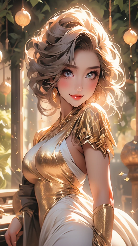 Very detailed, beautiful, highest quality, Professionally taken photos, Like a poster, detailed beautiful round eyes, beautiful detailed face, Whole Body Ezbian, Medium Long Hair, Casual Hairstyles, (Random color hair, Golden mesh), Big eyes, Random color eyes, Long eyelashes, Thick mascara, Dark eyeliner, (Huge breasts), (Bust about to burst:1.45), Wide selection, Thick waist), (Wide Hips:1.4, Toned thighs, Body Curves), 40 years old, woman, (White tight dress, white), Perfect Face, Perfect body, Sexy pose, (A shy smile), Random Location, nature, (alone), The light on my face,