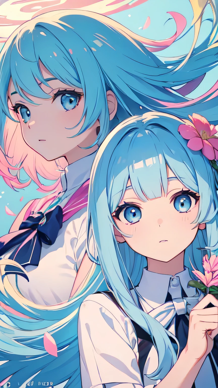 (masterpiece), (highest quality), (Super detailed),(Bob),(figure), (Two Girls), (uniform), Sitting, Fashion Model, View Viewer, (interview), (Simple Background),Beautiful big eyes, Delicate and beautiful face, floating,(High chroma),(Colorful splashes),Colorful Bubbles,(The Shining), Focus on the face, kamisato ayaka, Light blue hair, Pink Hair,bangs, Hair Ring, Floating Flowers, Floating hair, (The Shining), Best lighting, Best Shadow,
