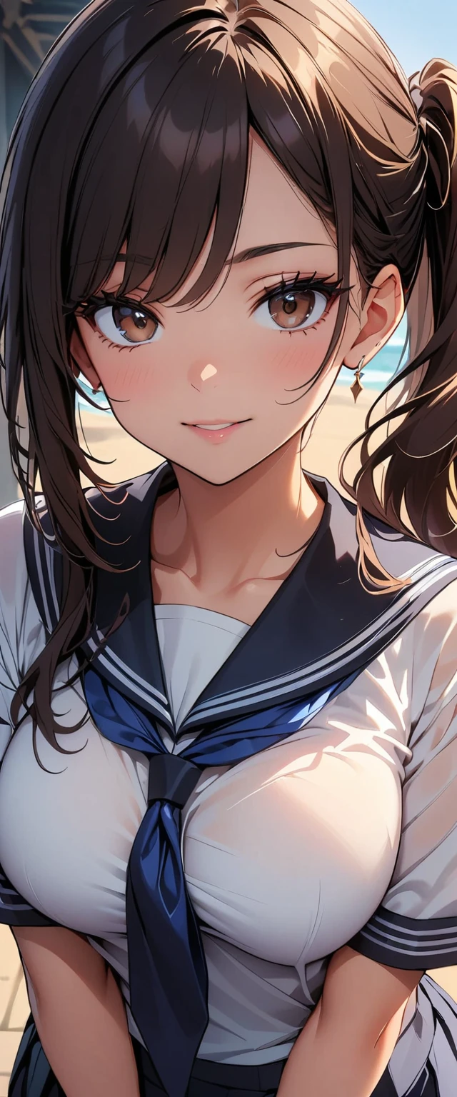 (highest quality, 4K, masterpiece :1.3), Beautiful woman, 1 girl, (chest, Attractive body :1.2), Cowboy Shot, JK:1.1, Dark brown hair: 1.1, Sailor suit, Highly detailed face, Lip details, Fine Eyes, double eyelid
