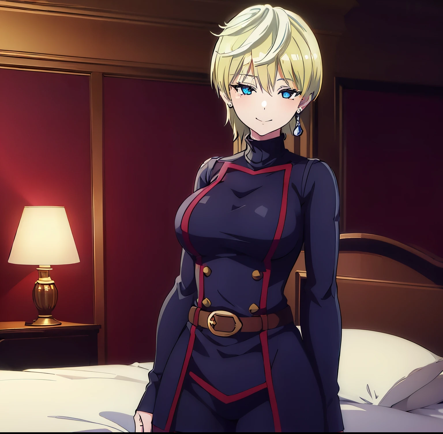 
1girl,alone,Tenka izumo, short hair, blue eyes, blonde hair, smile,
 skirt, long sleeves, jewelry, pantyhose, earrings, vest, sweater, turtleneck, turtleneck sweater,
 indoors, bed,
 looking at viewer, (cowboy shot:1.5), (masterpiece:1.2), best quality, high resolution, unity 8k wallpaper, (illustration:0.8), (beautiful detailed eyes:1.6), extremely detailed face, perfect lighting, extremely detailed CG, (perfect hands, perfect anatomy),