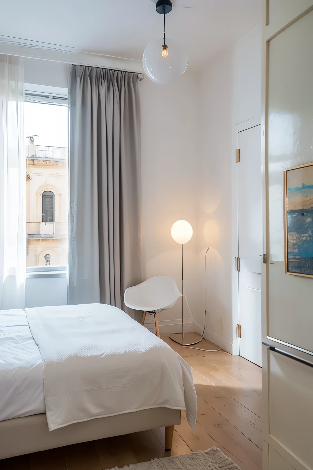 Very detailed realistic editorial photograph taken from an interior design magazine showing a minimalist bedroom with white walls, furnished with many Greek inspirations and jacobsen, artemide, Domus, Stonebreakers lighting fixtures, airy, spacious and modern interiors, a window with small optical white linen curtains, white bed sheets, in the foreground at the back of the frame, very bright interior, view of the alleys of Lecce CITY. High definition photography[6] Taken with a Nikon D850, 14-24mm lens, f/2. 8, ISO 200, using HDR techniques to capture detailed textures and vivid colours.