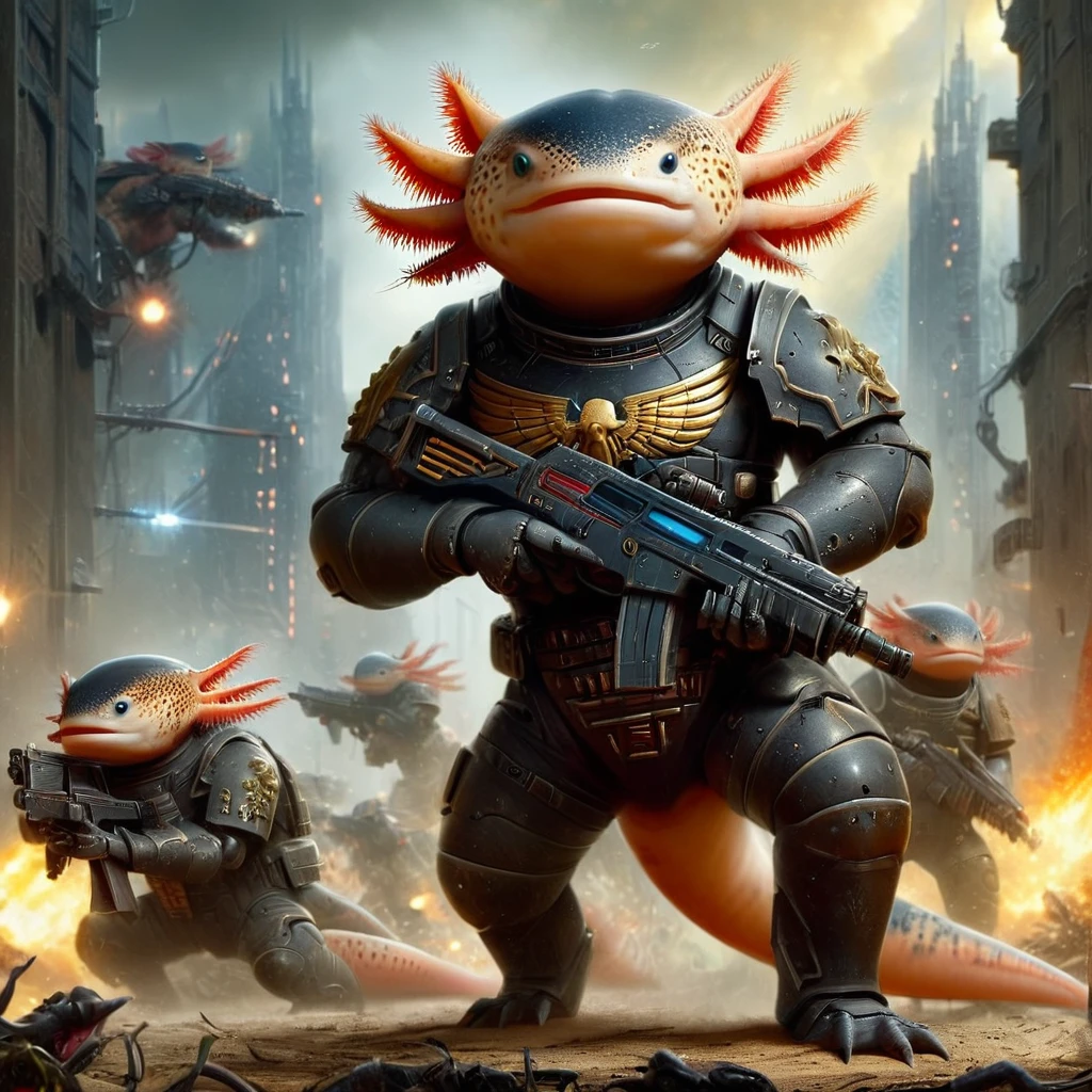 4xolotl, axolotl wearing futuristic black bodysuit, Zip2D, video game concept art, Zip2D, wh40k, warhammer 40k Tau, Imperial Guard Armor, Lasgun