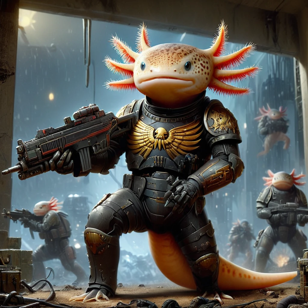 4xolotl, axolotl wearing futuristic black bodysuit, Zip2D, video game concept art, Zip2D, wh40k, warhammer 40k Tau, Imperial Guard Armor, Lasgun