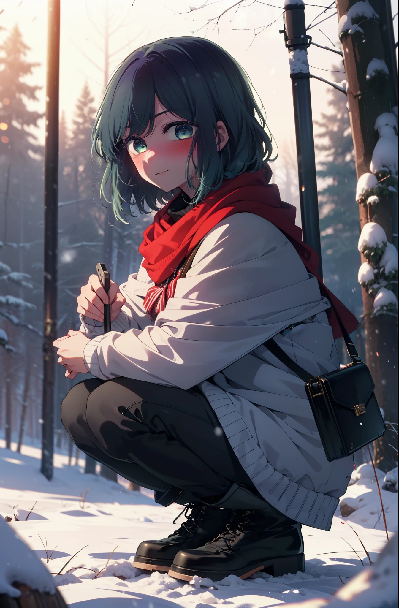 akanekurokawa, akane kurokawa, bangs, (Green Eyes:1.3), Blue Hair, Medium Hair, dark Blue Hair,smile,blush,White Breath,
Open your mouth,snow,Ground bonfire, Outdoor, boots, snowing, From the side, wood, suitcase, Cape, Blurred, , forest, White handbag, nature,  Squat, Mouth closed, Cape, winter, Written boundary depth, Black shoes, red Cape break looking at viewer, Upper Body, whole body, break Outdoor, forest, nature, break (masterpiece:1.2), highest quality, High resolution, unity 8k wallpaper, (shape:0.8), (Beautiful and beautiful eyes:1.6), Highly detailed face, Perfect lighting, Extremely detailed CG, (Perfect hands, Perfect Anatomy),