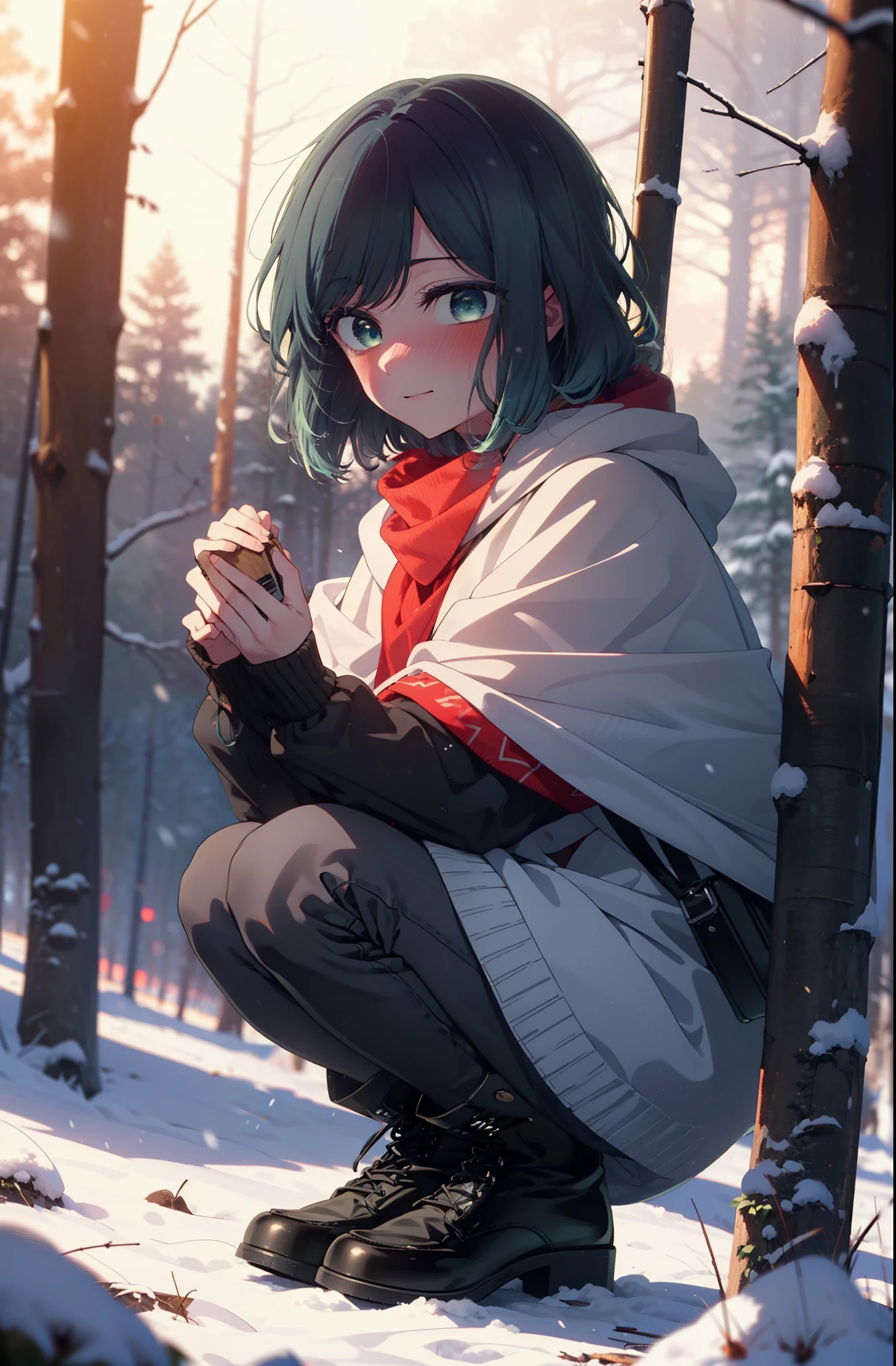 akanekurokawa, akane kurokawa, bangs, (Green Eyes:1.3), Blue Hair, Medium Hair, dark Blue Hair,smile,blush,White Breath,
Open your mouth,snow,Ground bonfire, Outdoor, boots, snowing, From the side, wood, suitcase, Cape, Blurred, , forest, White handbag, nature,  Squat, Mouth closed, Cape, winter, Written boundary depth, Black shoes, red Cape break looking at viewer, Upper Body, whole body, break Outdoor, forest, nature, break (masterpiece:1.2), highest quality, High resolution, unity 8k wallpaper, (shape:0.8), (Beautiful and beautiful eyes:1.6), Highly detailed face, Perfect lighting, Extremely detailed CG, (Perfect hands, Perfect Anatomy),