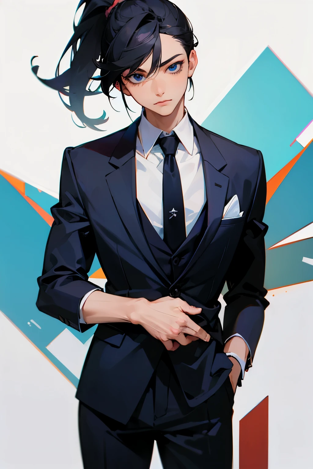 (((whole body))), ((highest quality)), ((masterpiece)), (detailed), Perfect Face, 1 male, suit, tie, Black Hair, blue eyes, ponytail