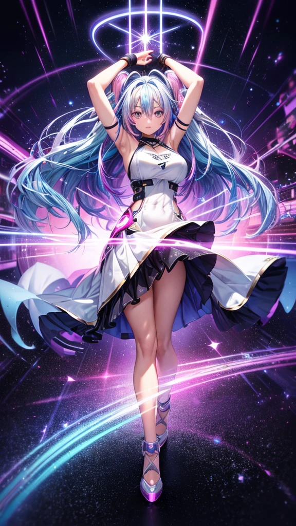 1 girl, 20 year old girl, one person, (Silver blue hair streaked pink purple:1.4), (Gradient sky blue hair ends:1.6), hair strand, absurdly long hair, single sidelock, wavy hair, shiny hair, floating hair, (Illusion deep purple eyes), delicate eyes, aqua eyes, High like real eyes, ((glowing eyes)), makeup, Focus on face, Very detailed facial, hot body, Random environment, Random pose, on the street, looking at the starry night sky, meteor, Technical clothing masterpiece, White extra long skirt, several cross stars beside, Colored lights swirl around the body, (((Extra super huge colorful extra super complex multiple glowing magic circle upright on the back of the head))), cyberpunk, full body shot, realism anime, chiaroscuro, (glowing light), sparkle, ray tracing, cinematic lighting, Futurism, motion blur, perfect transition, god rays, atmospheric perspective, best quality, UHD, super detail, masterpiece, highres, ccurate, retina, Octane Render