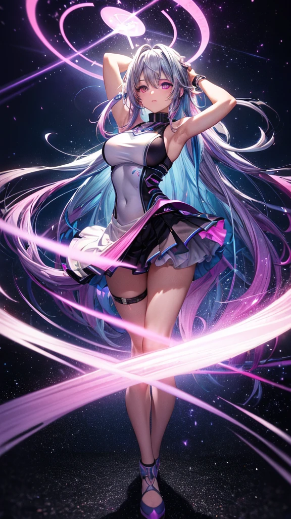 Seizo Watase style, Simple Line Initialism,Abstract art, 3d character, colorful hearts ,(((The most beautiful girl of all time))), (full body 1.2), only girl, long hair, bufferfly and sky background, 20 year old, full body, (((8k))), (((3d)), blue and pink hair, Large butterfly wings on the back, moon, look from back