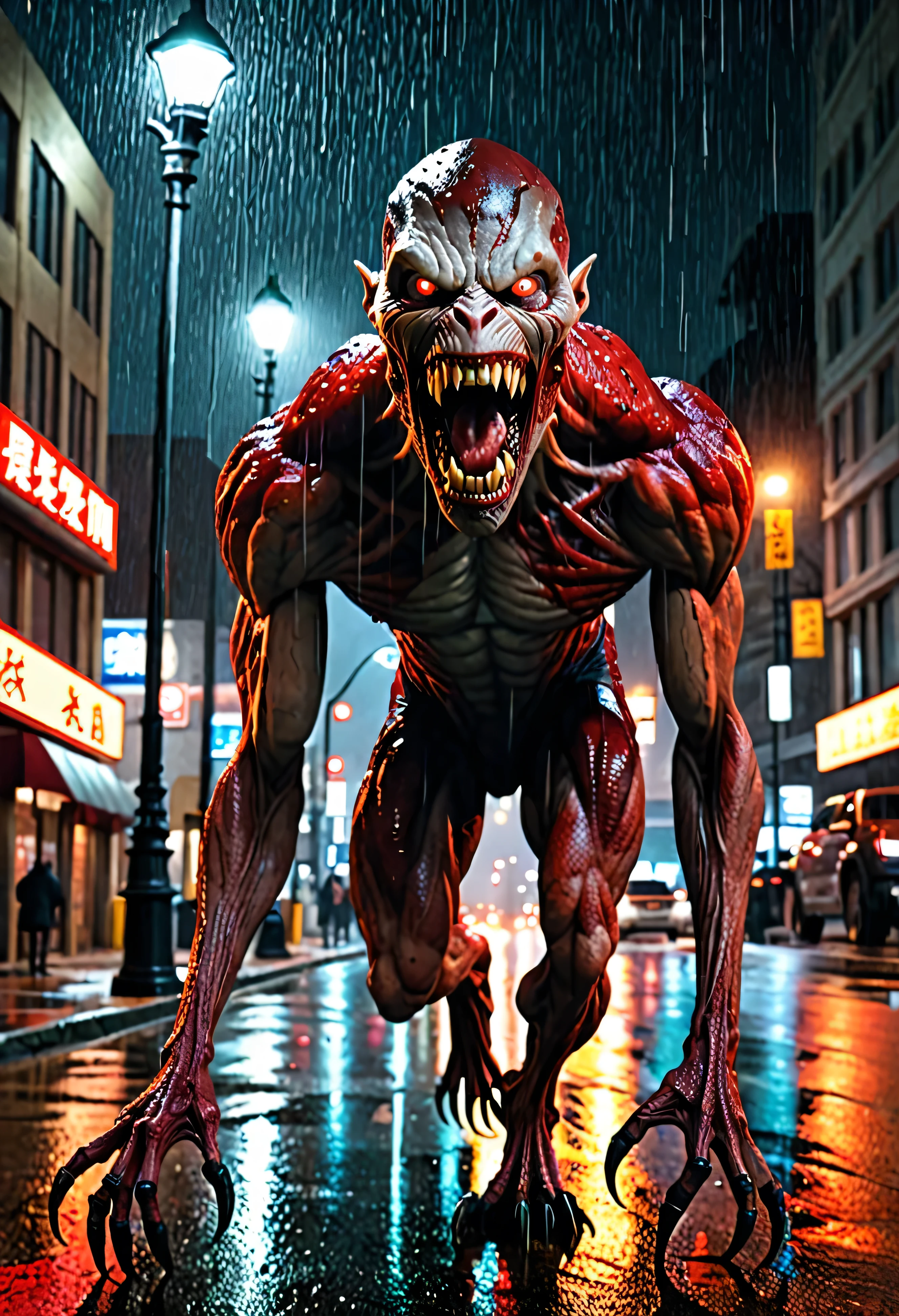 Realistic photos、Bloodshot eyes、Big mouth and many teeth、Angry scary face、quadruped、A form never seen before、Reptilian-like skin、Full body image、Nighttime cityscape、Street lamp、Drizzle、8K, Transcendent Real、Anatomically correct