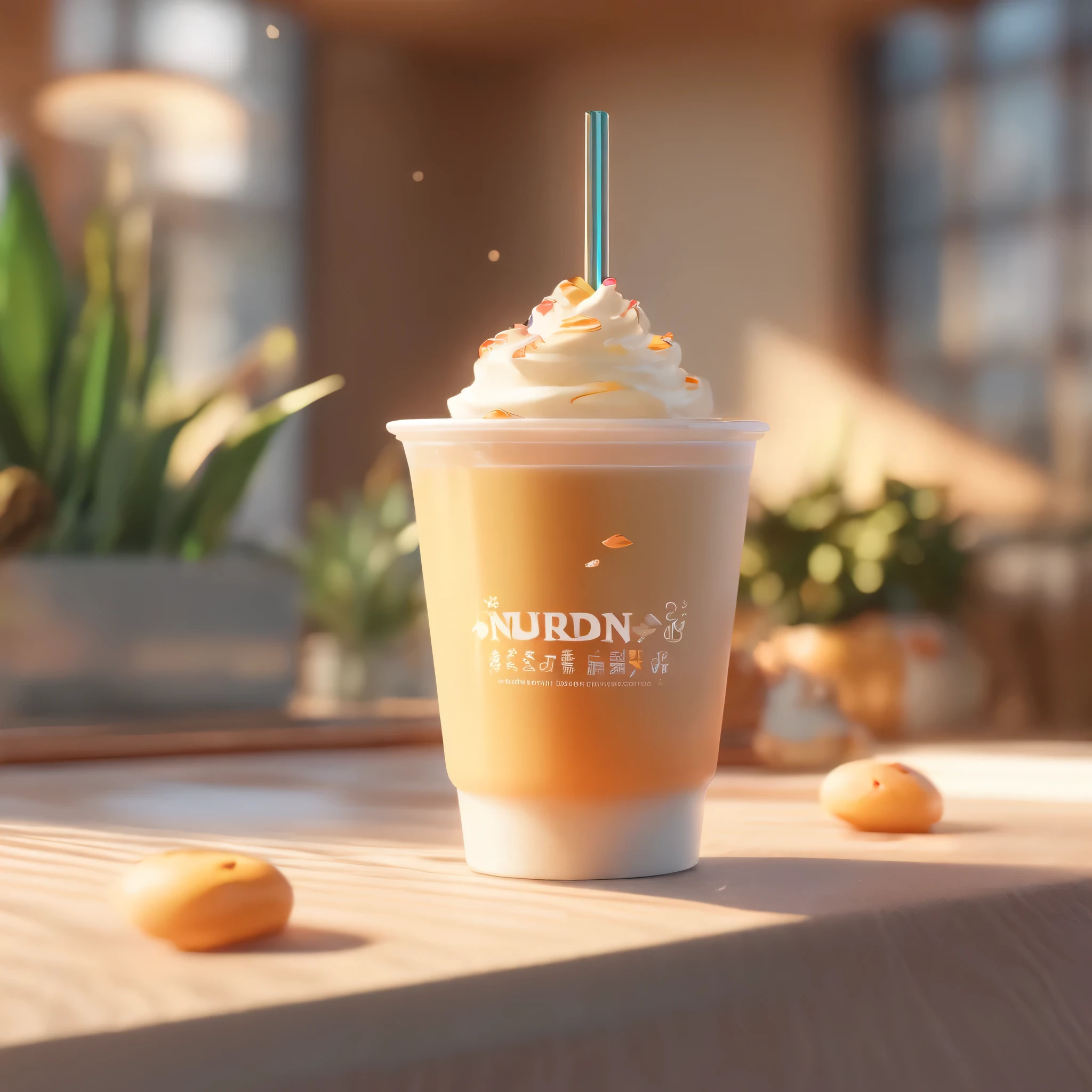 Warm picture、There is a cup of milk tea on the seat、Close-up of milk tea、The sunlight shines through the window onto the milk tea、The words "Life is a Hundred Flavors of Milk Tea" are written on the milk tea cup. The overall style is very warm.、warmth、blur background、3d、Ultra-clear、Model, Blind Box Toys, Bright and delicate, Clean background, Good brightness, 3d rendering, Top quality、