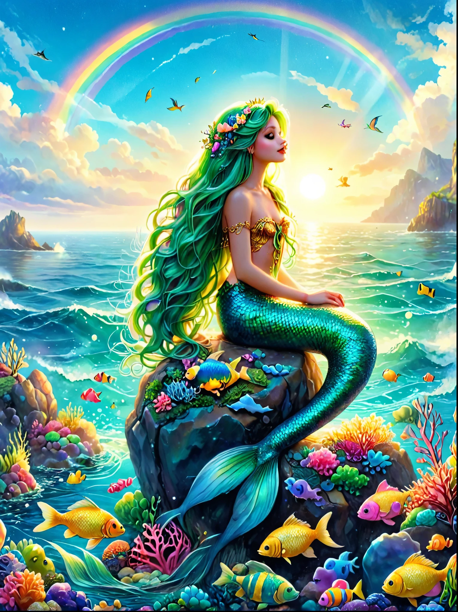 A beautiful mermaid princess，Has long flowing green hair，Sitting on a rock in the middle of the ocean，She is surrounded by a school of glittering, rainbow-colored fish，above，The sky is blue，Covered with fluffy white clouds，Sunset，She quietly played a golden harp，Casting an ethereal glow over the entire scene，And all of this is reflected in the tranquil waters around her.