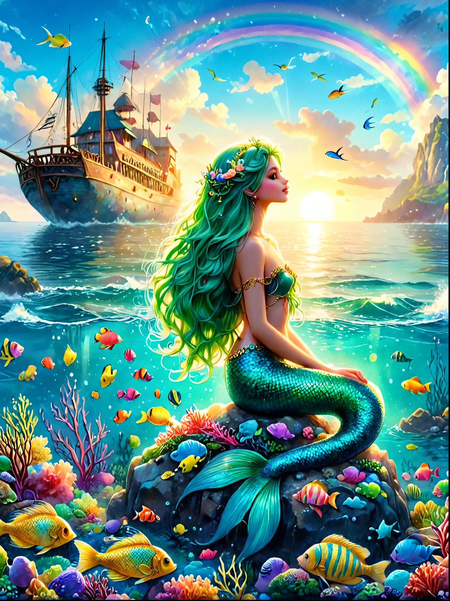 A beautiful mermaid princess,Has long flowing green hair,Sitting on a rock in the middle of the ocean,She is surrounded by a school of glittering, rainbow-colored fish,above,The sky is blue,Covered with fluffy white clouds,Sunset,She quietly played a golden harp,Casting an ethereal glow over the entire scene,And all of this is reflected in the tranquil waters around her.