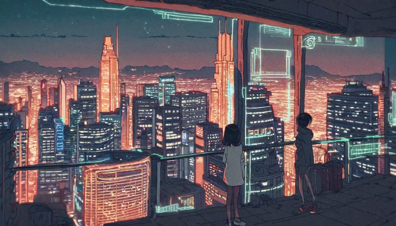 (Contributor: tsvbvra),
1girl The protagonist stands at the top of a towering skyscraper, A giant hologram of a girl is projected into the night sky of a futuristic city.. The city's neon lights and illuminated tunnels、Contrast that with realistic holographic images.。, Captivate your characters with these fascinating and endless possibilities, An AI-enhanced world