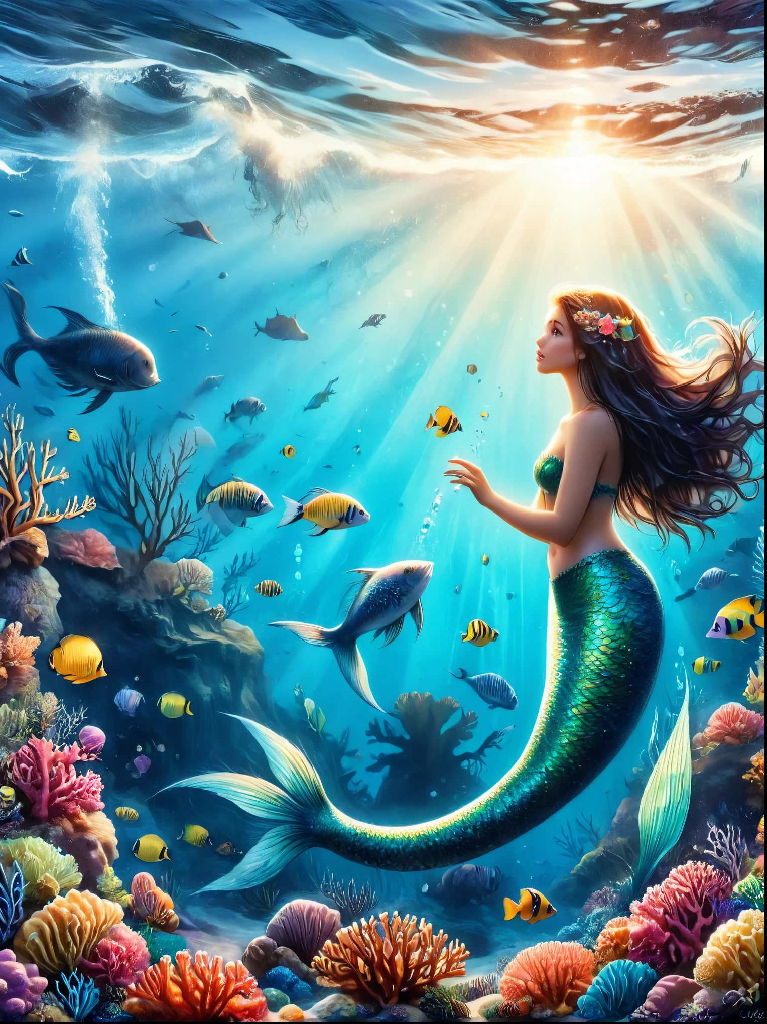 A mermaid princess is looking at a mirror in the middle of the ocean，She is surrounded by a lively group of marine life，Including colorful fish and corals，She widened her eyes，Staring at myself in the mirror in amazement，She held the mirror with her slender webbed fingers，Long hair floating in the water，Her tail shimmers underwater，Reflecting the sunlight penetrating the water，In general，This underwater scene presents a beautiful and magical atmosphere