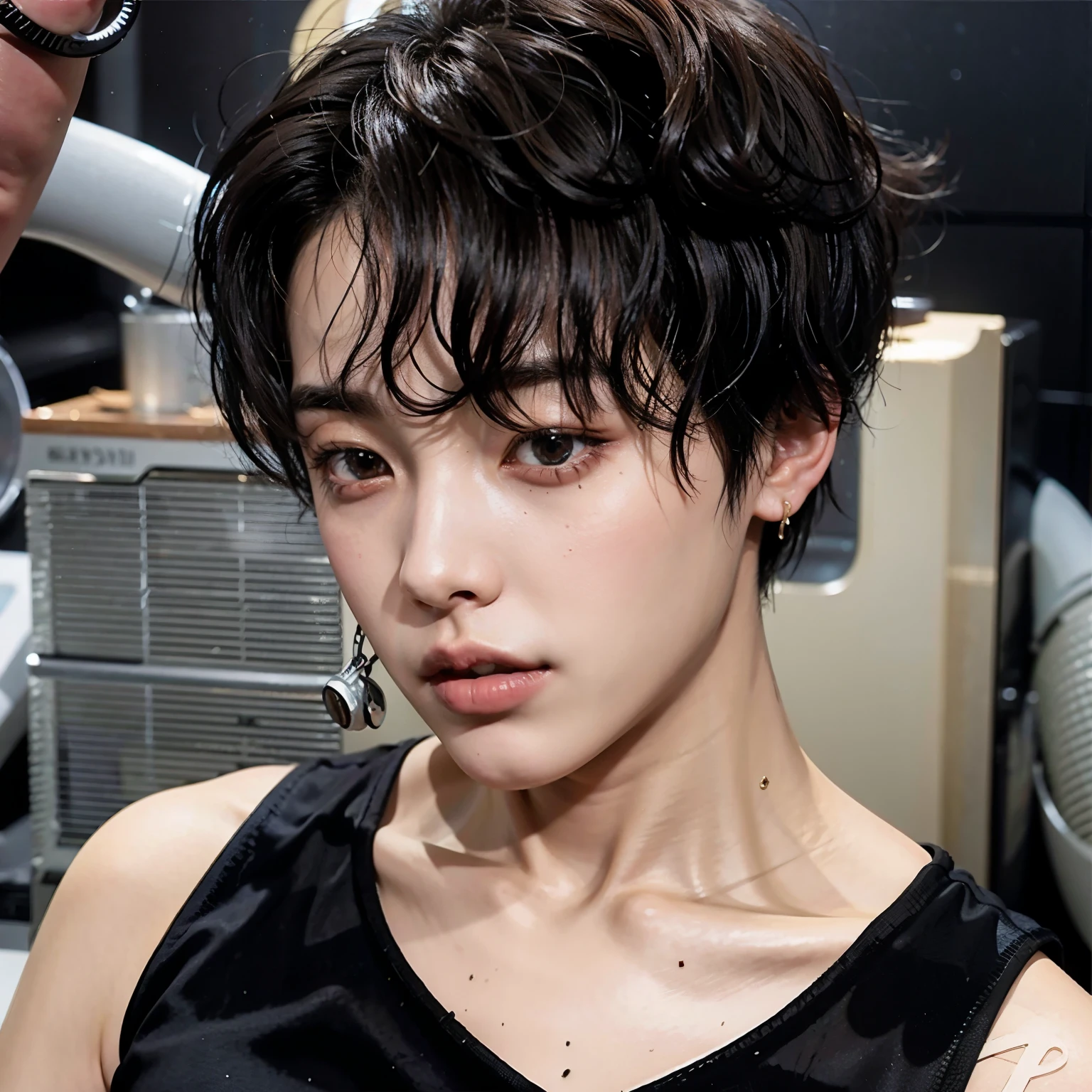 Close up of person with hair dryer and hairstyle, Kai Xukun, black hair shine, jungkook, Jinyoung Shin, short, Brown curly hair, The boy has short black hair, Hyuntae, Taejun Kim, jimin\My right eyelid is swollen, Yanjun Chengt, with the same hairstyle, Aesthetics of Jinyoung Shin, sakimichan