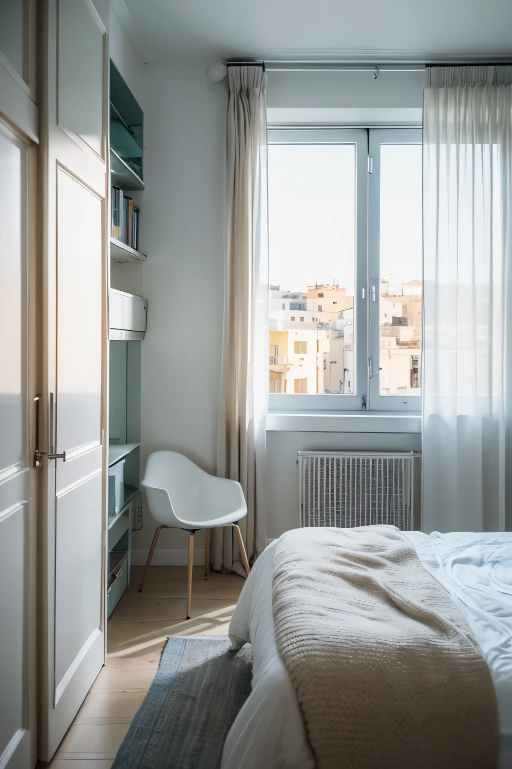 Very detailed realistic editorial photograph taken from an interior design magazine showing a minimalist bedroom with white walls, furnished with many Greek inspirations and jacobsen, artemide, Domus, Stonebreakers lighting fixtures, airy, spacious and modern interiors, a window with small optical white linen curtains, white bed sheets, in the foreground at the back of the frame, very bright interior, view of the alleys of Lecce CITY. High definition photography[6] Taken with a Nikon D850, 14-24mm lens, f/2. 8, ISO 200, using HDR techniques to capture detailed textures and vivid colours.
