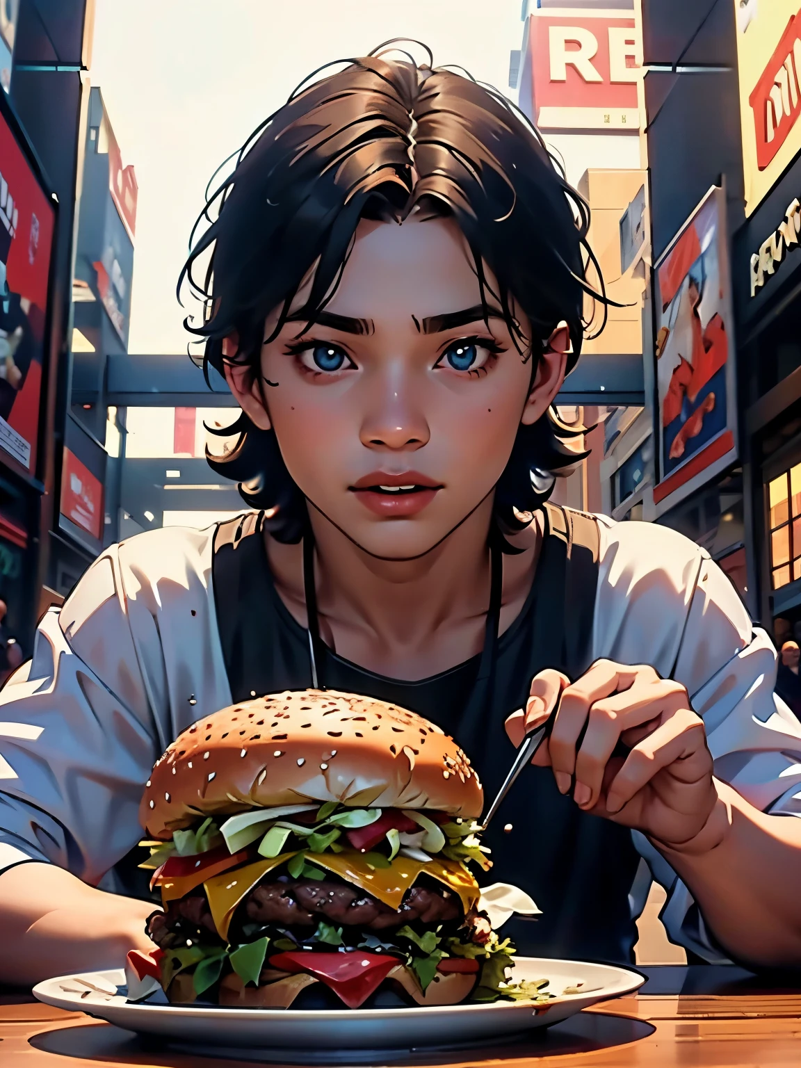 A , 6yo, eating hamburguer in the mall, high definition, high quality, by Frank Miller