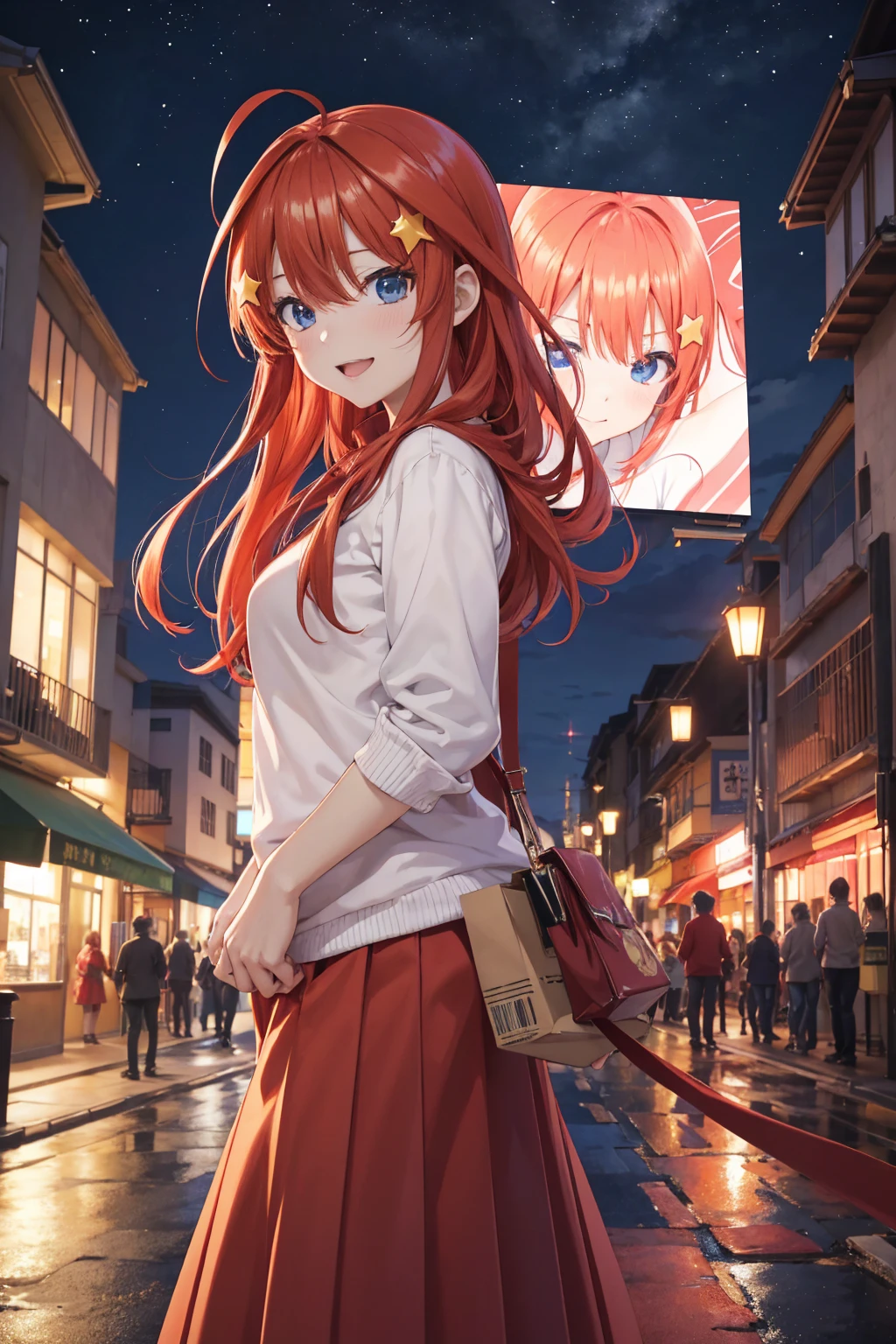 nakano itsuki, red hair, long hair, star hair ornament, ahoge, red sweater, seios grandes, sorriso leve, Melhor Anime 4K Konachan Wallpaper, Estilo anime 4K, Arte Oficial, arte anime de alta qualidade, 4k anime wallpapers ((obra-prima)), sala, noite , street lighting