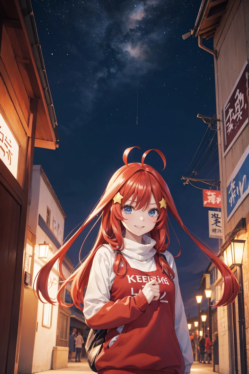 nakano itsuki, red hair, long hair, star hair ornament, ahoge, red sweater, seios grandes, sorriso leve, Melhor Anime 4K Konachan Wallpaper, Estilo anime 4K, Arte Oficial, arte anime de alta qualidade, 4k anime wallpapers ((obra-prima)), sala, noite , street lighting
