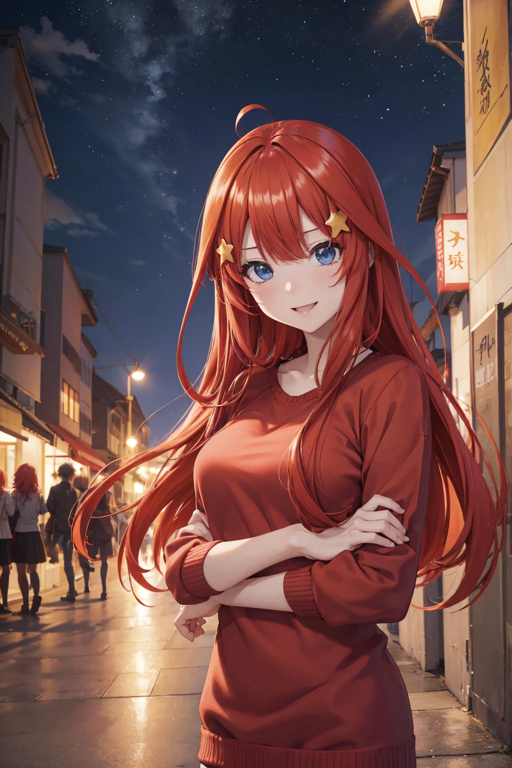 nakano itsuki, red hair, long hair, star hair ornament, ahoge, red sweater, seios grandes, sorriso leve, Melhor Anime 4K Konachan Wallpaper, Estilo anime 4K, Arte Oficial, arte anime de alta qualidade, 4k anime wallpapers ((obra-prima)), sala, noite , street lighting