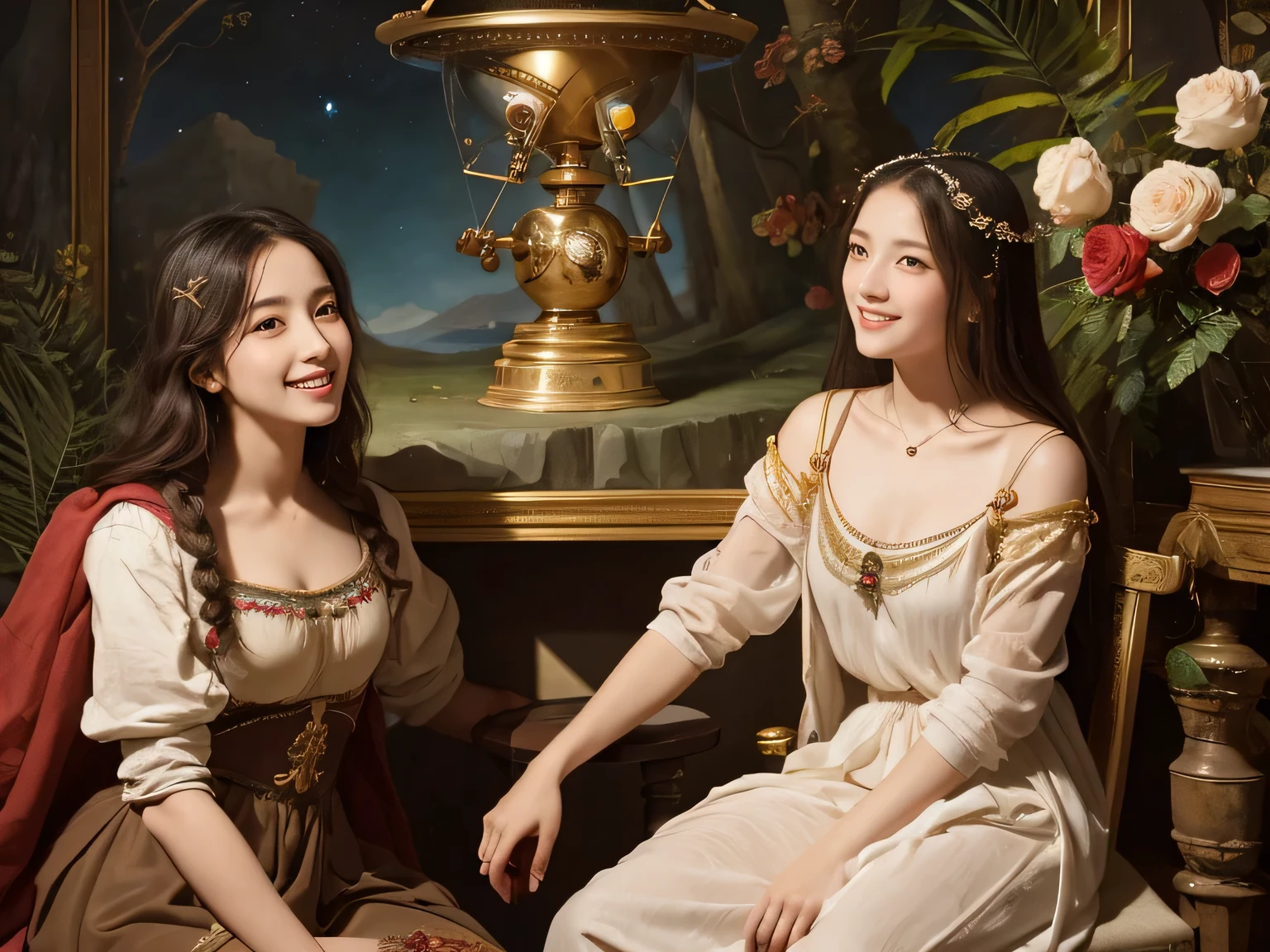 Female angel with two white wing,full body portrait or statue、Sandro Botticelli painting style,Arguments of two female Philosophe,math、astronomical machine、astronaut、roses in vase、fruits、Cute trinkets、smile、ancient greek costume、Ancient Roman landscape in the style of Nicolas Poussin,laughter,,Sweet and seductive appearance.、Caravaggio's paintings、Chiaroscuro of Caravaggio、hair tousled by the wind,Two women frolicking,cute smile, expression of ecstasy,Sexy,erotic
