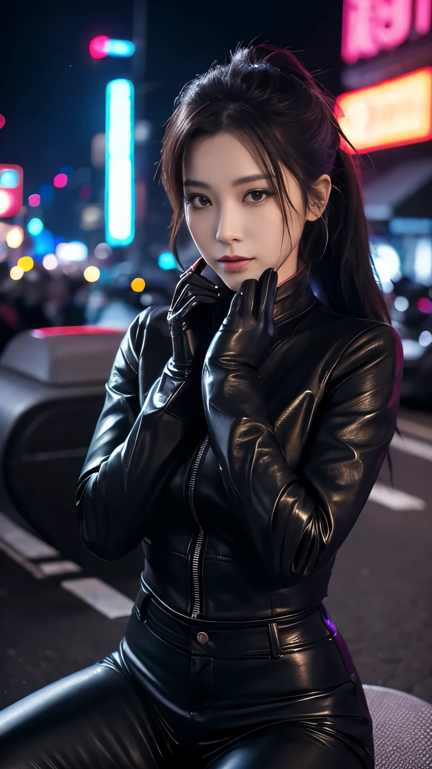 black leather rider jacket, Office in the Dark, Black leather gloved fingertips on both hands,Wearing black leather gloves,Sitting in a black leather chair、 Japanese female new recruits (Black leather gloves cover both hands) (The angle is horizontal)、Black Leather Pants,Black Leather Black Leather Pants,Black Leather Skinny Pants、Long black leather boots on both feet、Black hair ponytail ((He wears black leather gloves on his hands))Full Body Photo,full body shot full body full body leather suit,☺If you turn in this direction。Wearing black leather gloves,Wearing black leather gloves,Wearing black leather gloves,Wearing black leather gloves,Wearing black leather gloves,Wearing black leather gloves,黒のレザーパンツが美しい😍黒のレザーパンツが美しい😍黒のレザーパンツが美しい,😍Smiling while looking at me,City lights、((Neon Cyberpunk City Street:1.3))、(Neon Light)、Detailed lighting、
Best image quality、Ultra-high resolution、(realism:1.4)、Korean Beauty Star、The most beautiful KPOP stars、face、Horny Korean Makeup、A body that makes you want to touch it、Realistic leather texture、Costume made of smooth leather fabric、The drape of the curved parts of the leather fabric、The costume is very shiny、Quality of the costume、8K Photo Quality