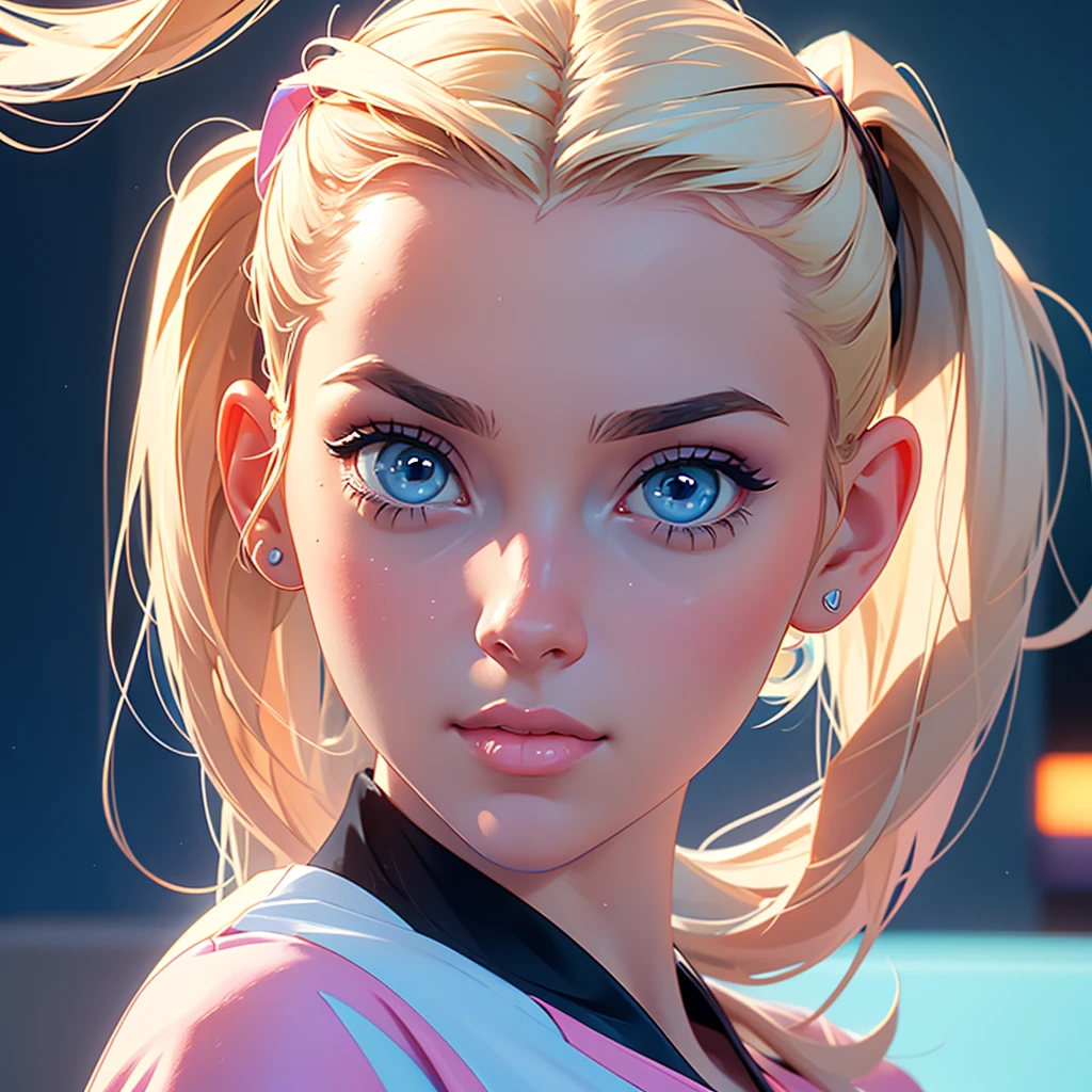 Create a premium AI portrait of a young woman with blonde ponytails, adorned with blue eyes, wearing a 90s-style pink t-shirt with blue and yellow details, paired with blue jeans. Situate her in a 90s party, rich in references to the decade's culture and style. Ensure high-definition realism with reflections and shadows enhancing the composition and symmetry. Infuse an ethereal aura, making the image captivating and luminous. Emulate fashion photography techniques to evoke a vibrant and smooth aesthetic. Incorporate Ace of Base-style music inspiration for an immersive experience.
