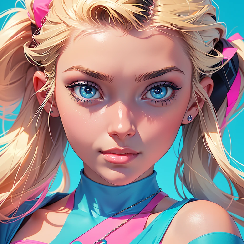 Create a premium AI portrait of a young woman with blonde ponytails, adorned with blue eyes, wearing a 90s-style pink t-shirt with blue and yellow details, paired with blue jeans. Situate her in a 90s party, rich in references to the decade's culture and style. Ensure high-definition realism with reflections and shadows enhancing the composition and symmetry. Infuse an ethereal aura, making the image captivating and luminous. Emulate fashion photography techniques to evoke a vibrant and smooth aesthetic. Incorporate Ace of Base-style music inspiration for an immersive experience.