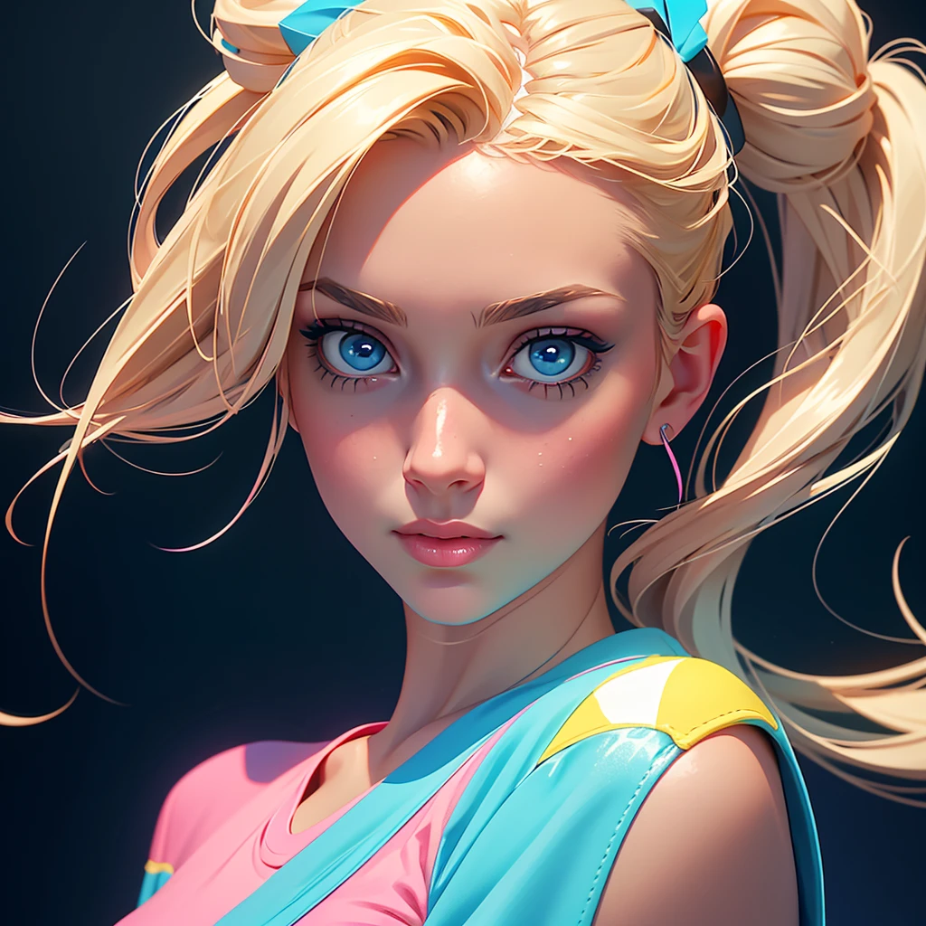 Create a premium AI portrait of a young woman with blonde ponytails, adorned with blue eyes, wearing a 90s-style pink t-shirt with blue and yellow details, paired with blue jeans. Situate her in a 90s party, rich in references to the decade's culture and style. Ensure high-definition realism with reflections and shadows enhancing the composition and symmetry. Infuse an ethereal aura, making the image captivating and luminous. Emulate fashion photography techniques to evoke a vibrant and smooth aesthetic. Incorporate Ace of Base-style music inspiration for an immersive experience.