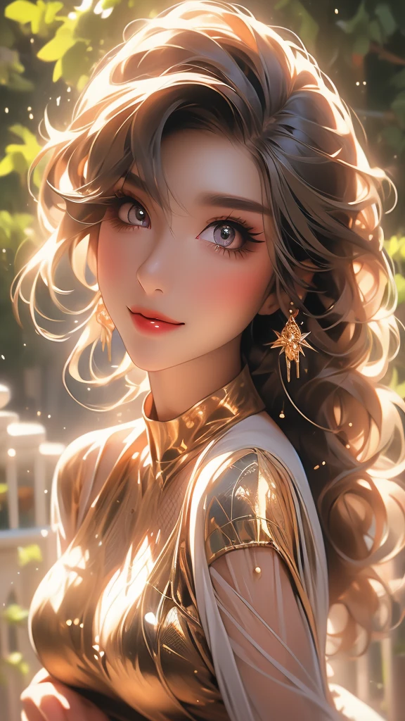 Very detailed, beautiful, highest quality, Professionally taken photos, Like a poster, detailed beautiful round eyes, beautiful detailed face, Whole Body Ezbian, Medium Long Hair, Casual Hairstyles, (Random color hair, Golden mesh), Big eyes, Random color eyes, Long eyelashes, Thick mascara, Dark eyeliner, (Huge breasts), (Bust about to burst:1.45), Wide selection, Thick waist), (Wide Hips:1.4, Toned thighs, Body Curves), 40 years old, woman, (White tight dress, white), Perfect Face, Perfect body, Sexy pose, (A shy smile), Random Location, nature, (alone), The light on my face,