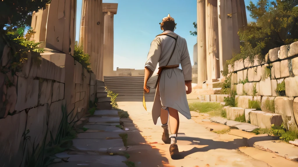 walking man dressed in ancient greek clothes of poor man walking on lonely dirt path
