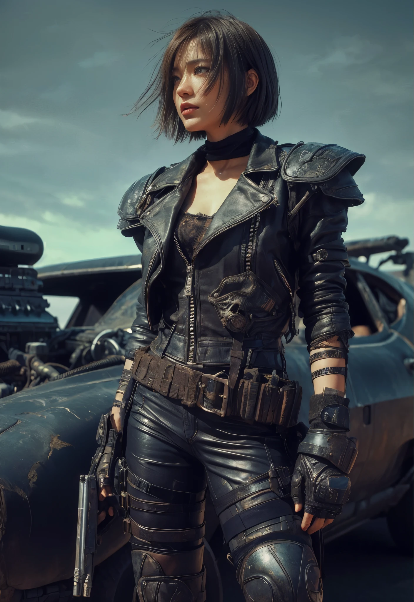 8k,Realistic Skin Texture、Superrealism、Realistic Photo、Japanese women、mad max images、In the wasteland、Rider's jacket with protectors、Standing next to a beat-up black supercharged car、boots、Determined to Revenge、Face Paint