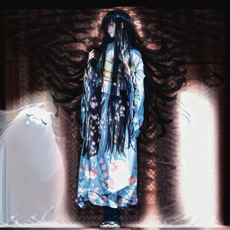 Ghost in white kimono,　Ghost of a woman with long hair, Her long black hair reaches down to the ground,　Japanese horror