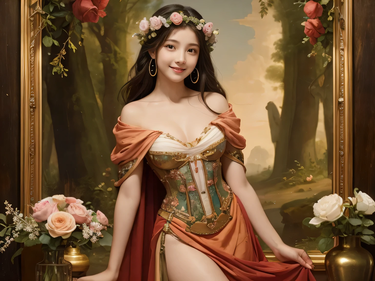 Giorgione painting style,Arguments of two female Philosophe,math、astronomical machine、astronaut、roses in vase、fruits、Cute trinkets、smile、ancient greek costume、Background is a forest lake at night 、Clothes that stretch your shoulders、A big smile、beautiful bare skin、A detailed representation of the seducing woman throughout her body.