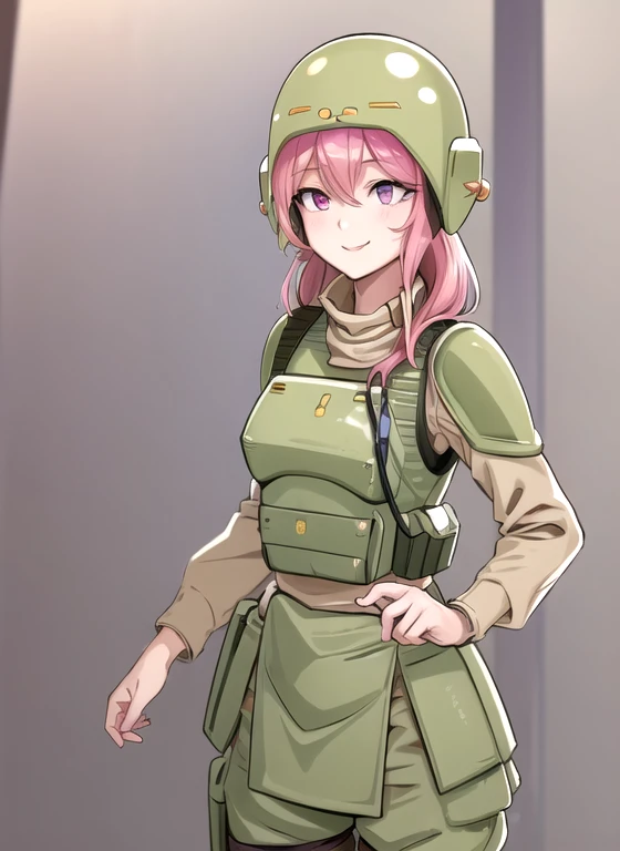 best quality, (masterpiece),(ultra-detailed), (high quality), (high resolution), 1girl, pink hair, axolotl feelers, axolotl human hybrid mutant, border, breasts, cadiachan, flag, beige pants, green helmet, index finger raised, long sleeves, smile,purple eyes, military uniform, armor, beige shirt, pink skin,  beige skirt, Military helmet,