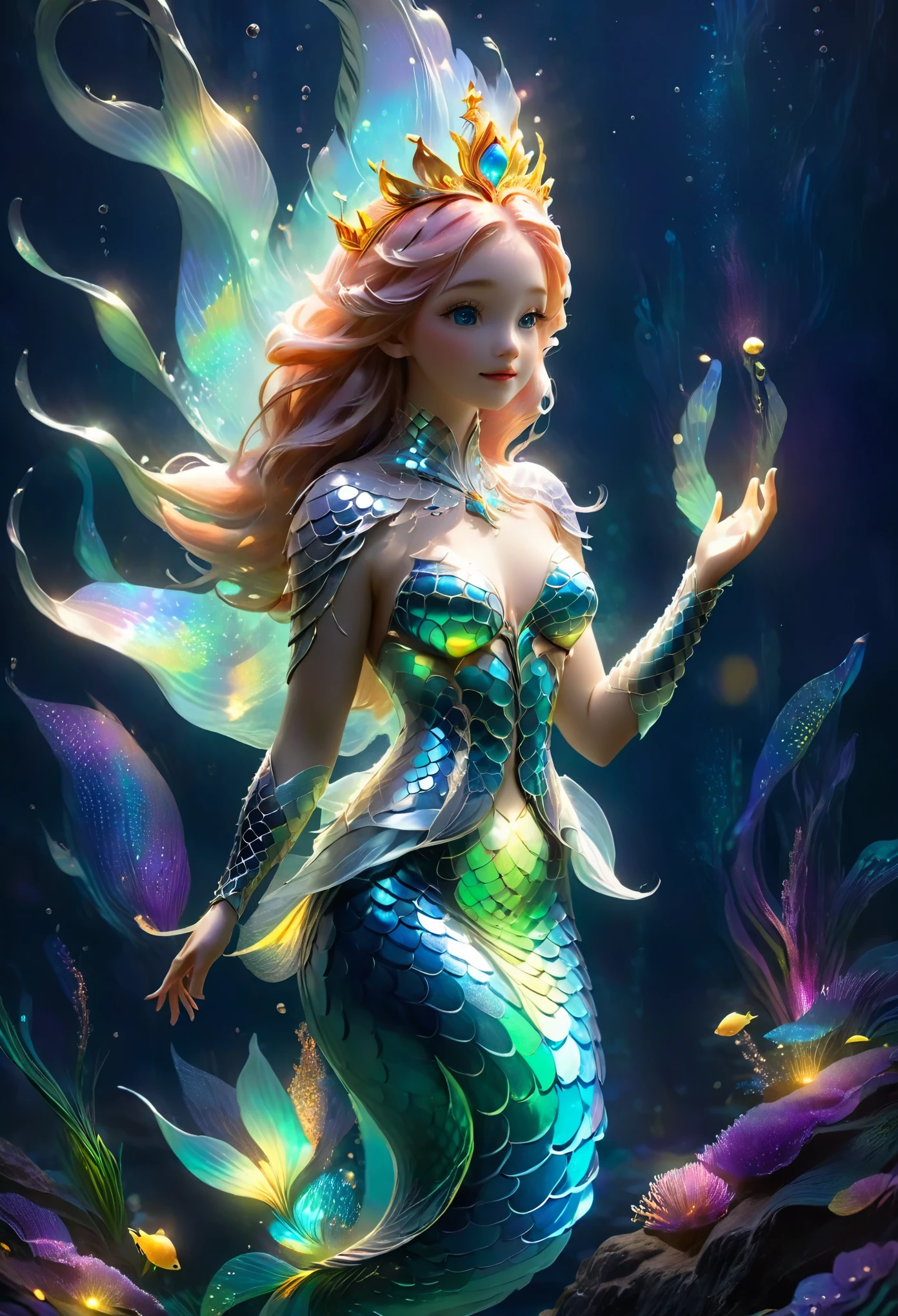 ((A giant glowing mermaid princess))，(Luminous crown，Refined Fish Scale Armor)，Ethereal，uv，translucent，Amazing animals，nature，mystery，beauty，Dark environment，magic，Biological Design，high resolution，8k，Super detailed，Light, Physical Rendering, Vivid colors, Background Bokeh, various shades, Soft lighting, 脉动的Light