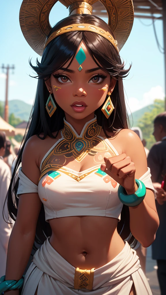 african tribal girl, tribal people, dark skin, african race, african tribe, dancer, (ultra quality)), ((tmasterpiece)), young girl shaman, (Beautiful cute face), (beautiful female lips), Charming, ((aroused expression)), (dark brown skin:1.4), kawaii tribe face painting, (shamanic body painting:1.3), very aesthetic, (elaborate, intricately, delicately, incredibly, obsessed, skillful, vivid, complex:1.2), depth of field, scenery background, best quality, amazing quality,