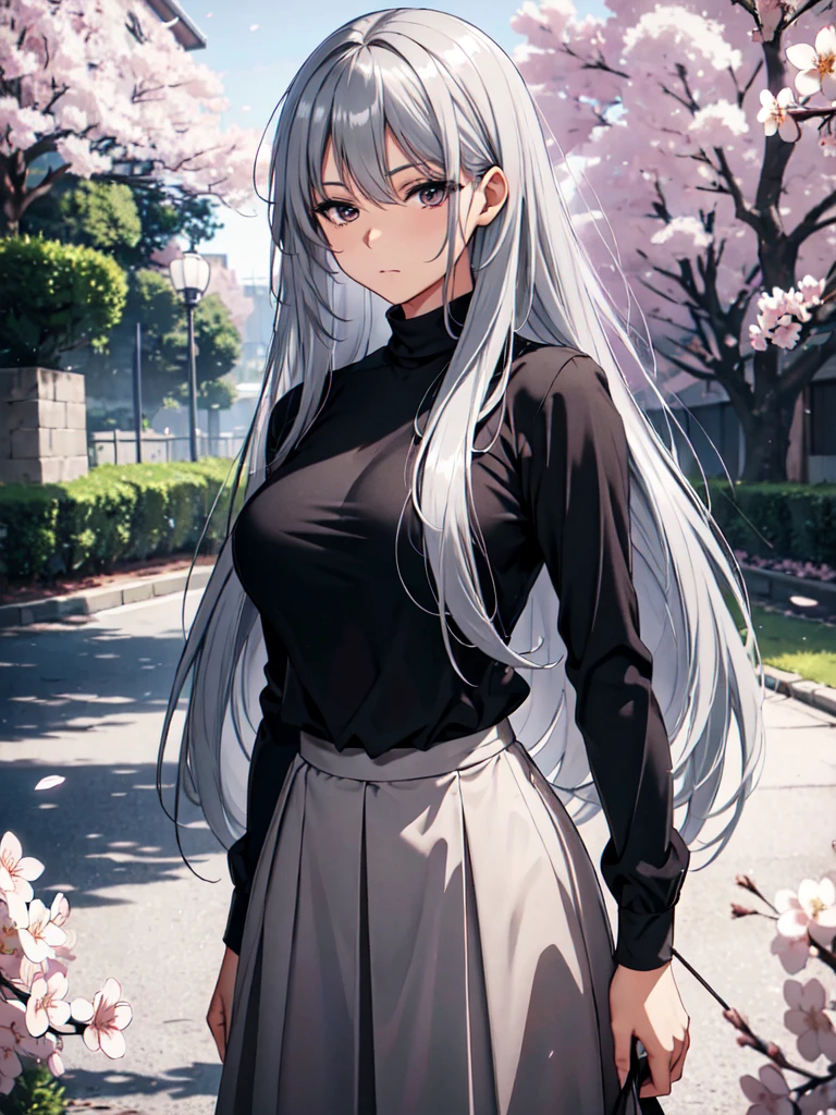 gray hair, long hair, wearing plain black shirt, long skirt, cherry blossom trees in background, absurdres, high res, ultrasharp, 8K, masterpiece, mature, detailed, sharp detailed black eyes, height = 165cm, medium breast 