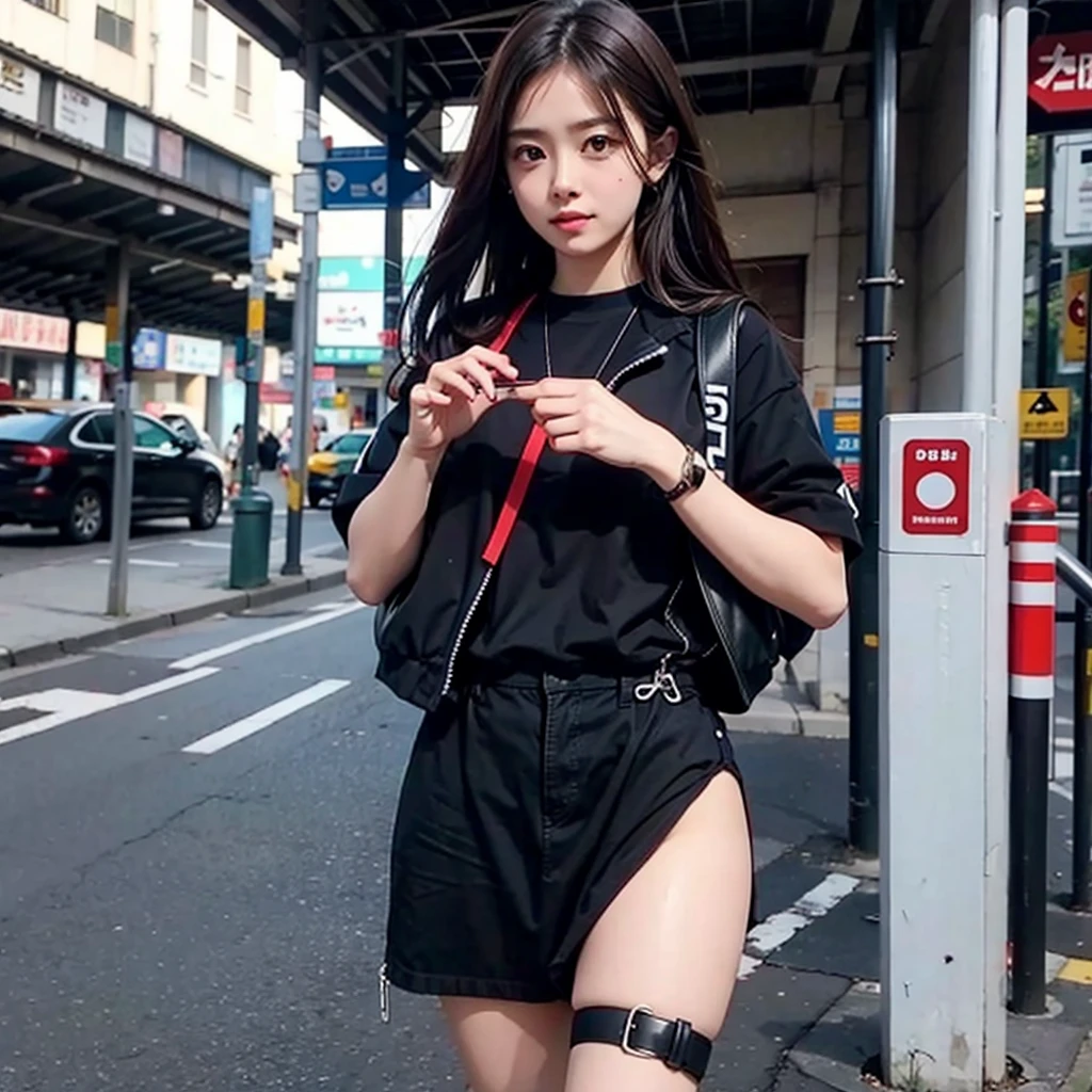 cute cyborg girl is walking nostalgic city