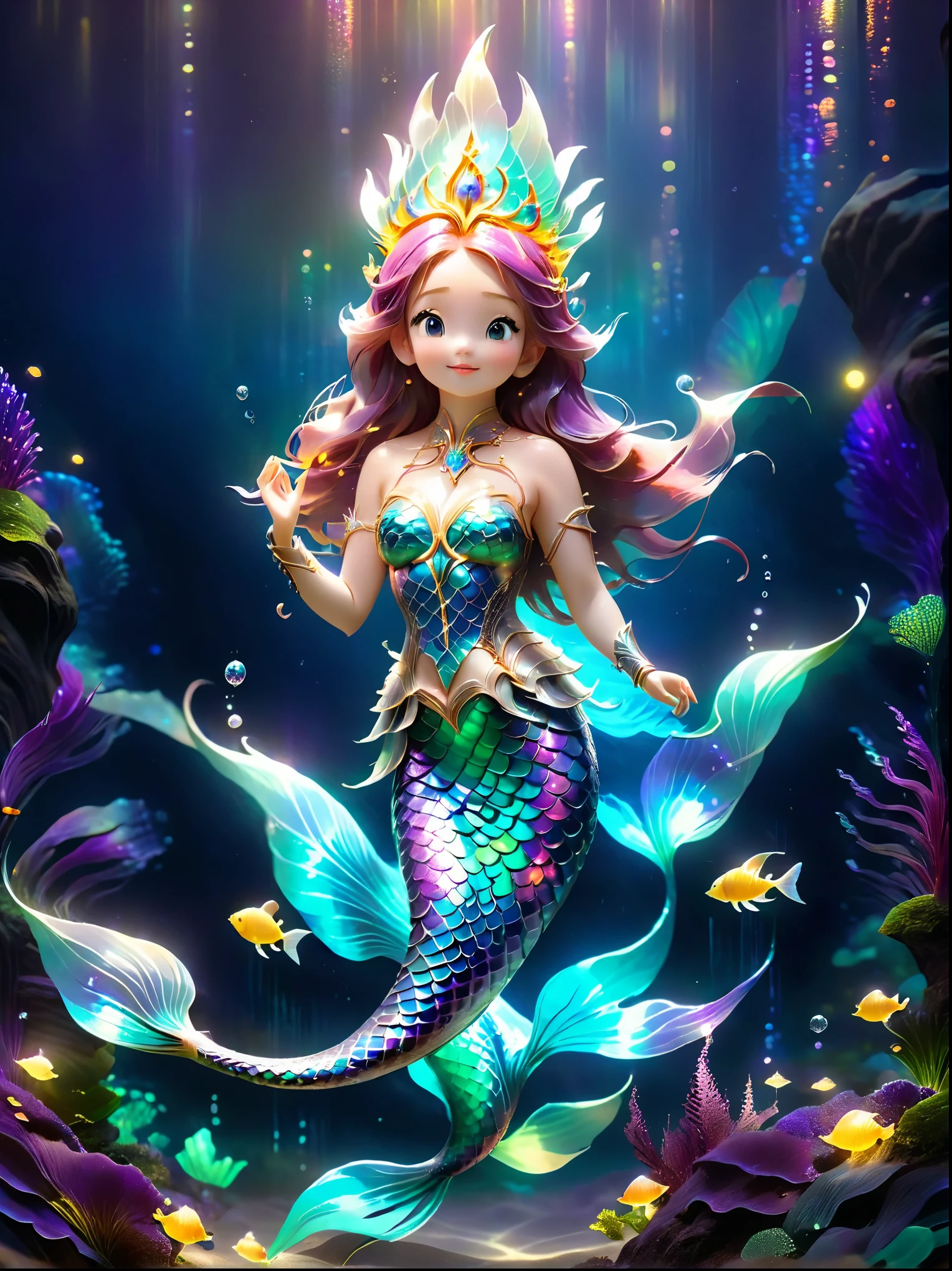 ((A giant glowing mermaid princess)),(Luminous crown,Refined Fish Scale Armor),Ethereal,uv,translucent,Amazing animals,nature,mystery,beauty,Dark environment,magic,Biological Design,high resolution,8k,Super detailed,Light, Physical Rendering, Vivid colors, Background Bokeh, various shades, Soft lighting, 脉动的Light