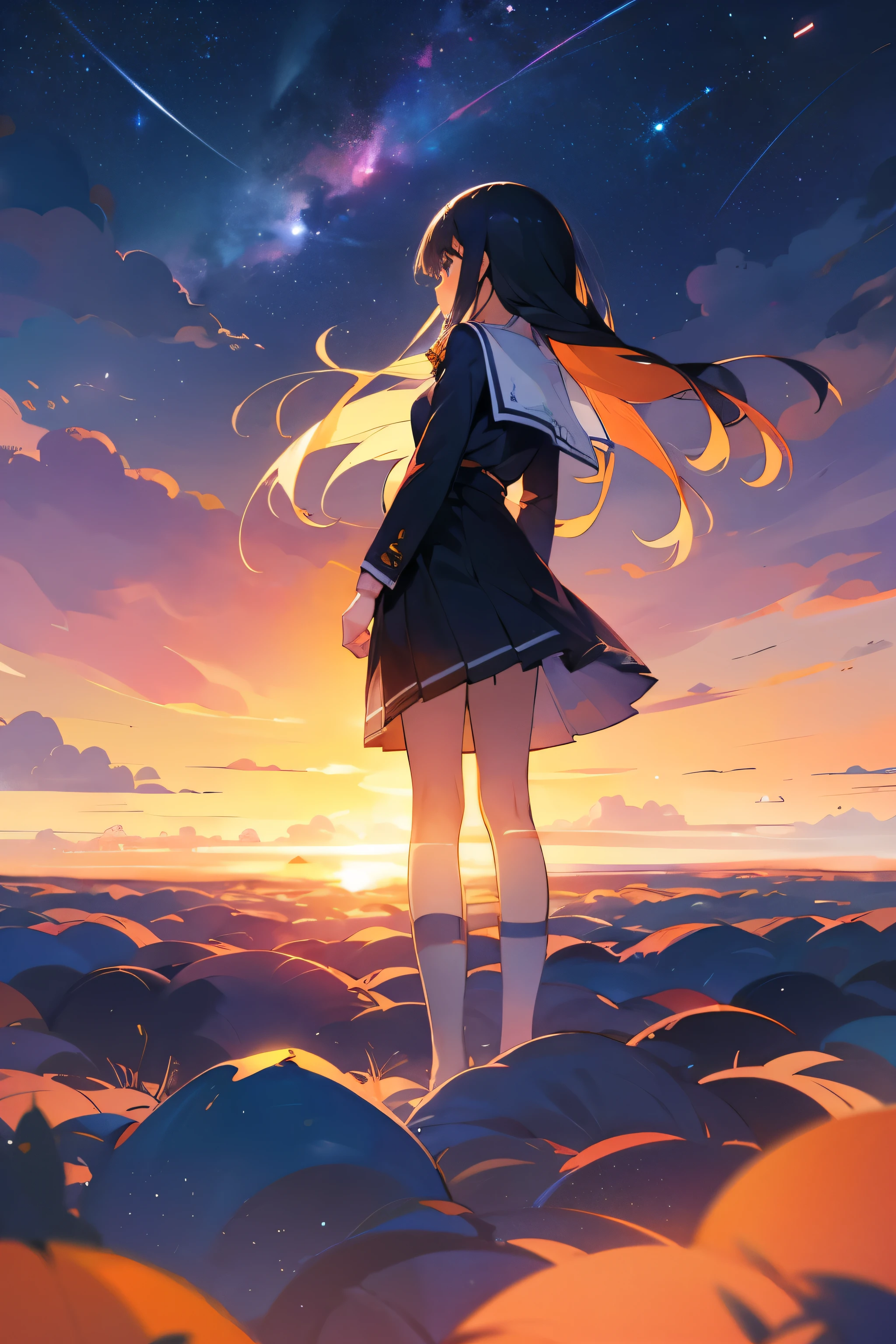 Summer sunset and starry sky、Back view of a high school girl、love、Sadness、uniform、Place the high school girl in the center and make her size small