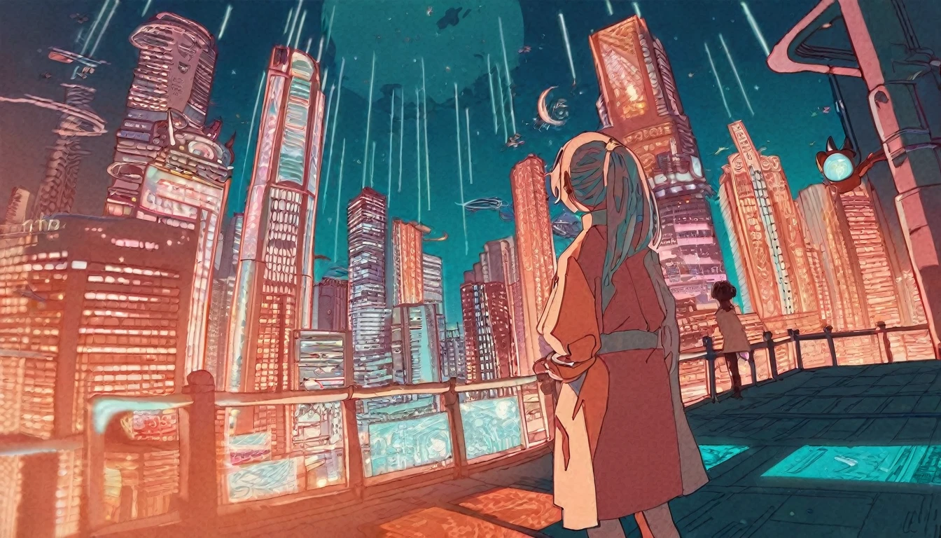 (Contributor: tsvbvra),
1girl The protagonist stands at the top of a towering skyscraper, A giant hologram of a girl is projected into the night sky of a futuristic city.. The city's neon lights and illuminated tunnels、Contrast that with realistic holographic images.。, Captivate your characters with these fascinating and endless possibilities, An AI-enhanced world