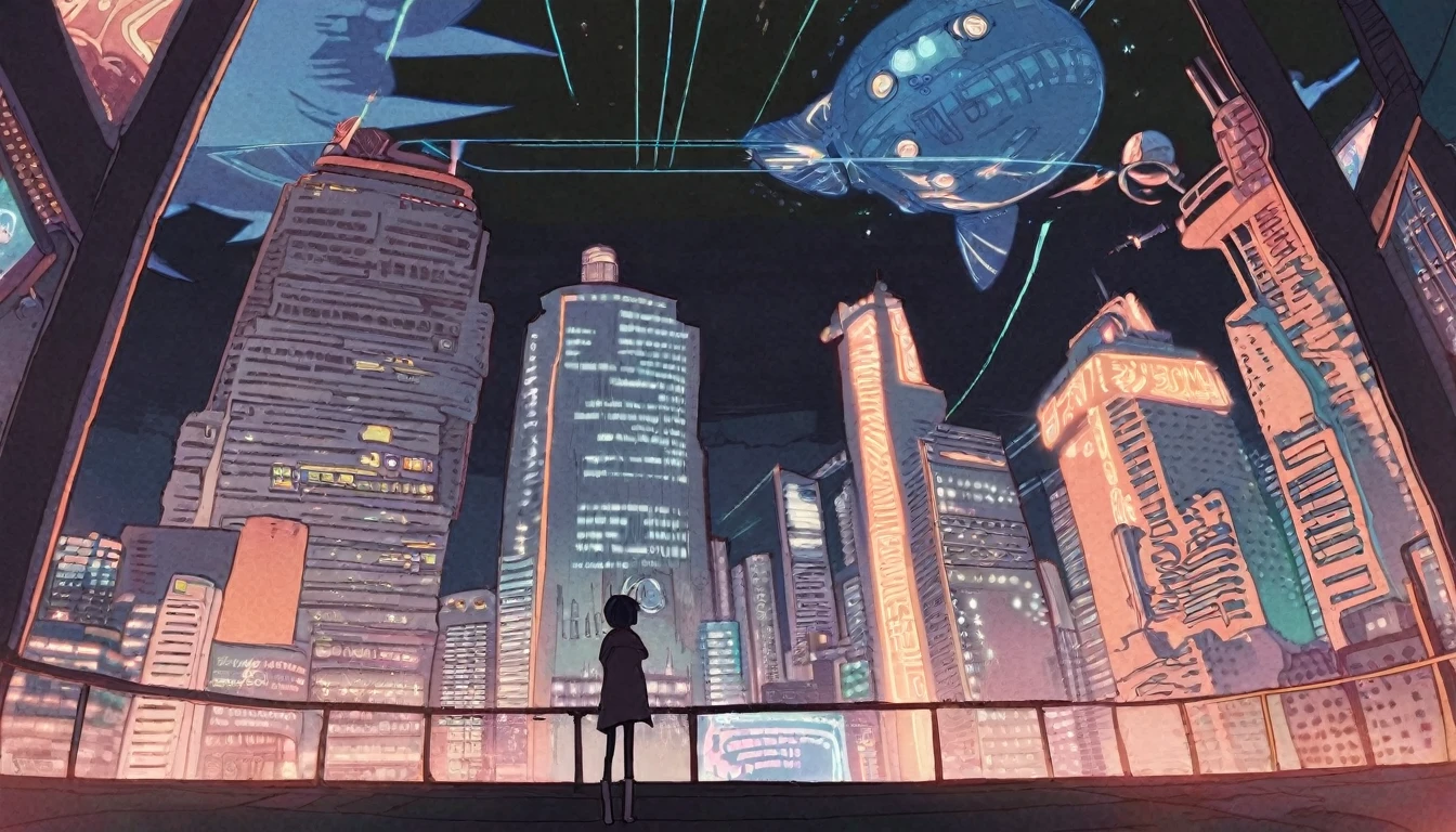 (Contributor: tsvbvra),
1girl The protagonist stands at the top of a towering skyscraper, A giant hologram of a girl is projected into the night sky of a futuristic city.. The city's neon lights and illuminated tunnels、Contrast that with realistic holographic images.。, Captivate your characters with these fascinating and endless possibilities, An AI-enhanced world