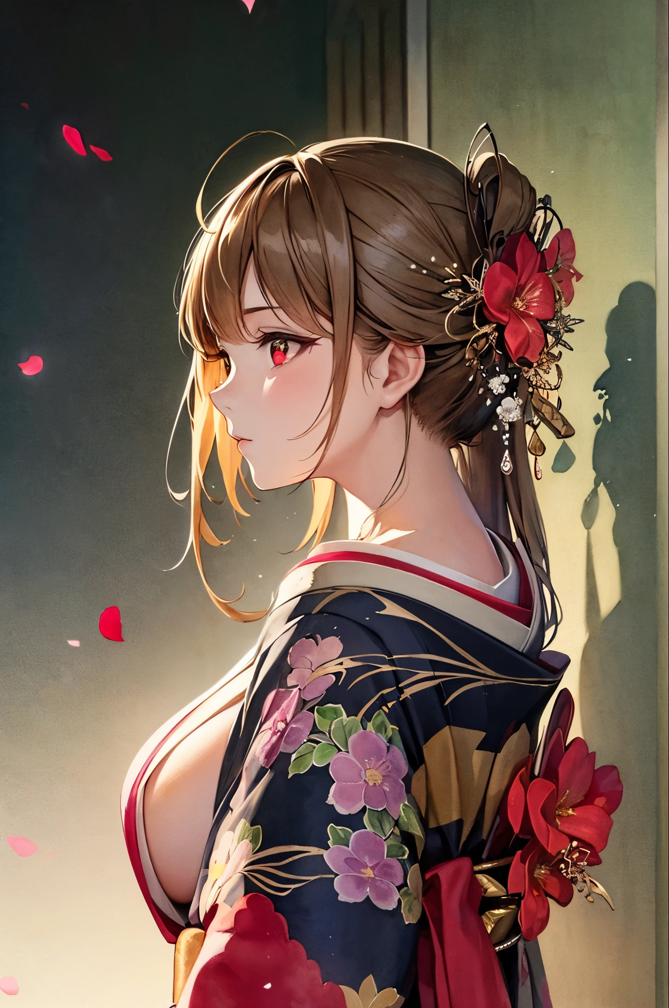 (masterpiece:1.2, highest quality), (Beautiful Eyes: 1.2), ((One girl)), ((alone)), (Red eyes:1.4), (Beautiful Eyes and exquisite face:1.3), ( Beautiful and vivid background: 1.2), (Very detailedなCG, Very detailed, Best Shadow: 1.1), ((Depth of written boundary)), ((watercolor)), (They are: 1.5), (kimono: 1.3), Big Breasts , Exposing shoulders, Flowers and petals, Beautiful concept art, (White Background: 0.5), (figure: 1.1), (Very delicate: 1.1), (Perfect detail: 1.1), profile, Cowboy Shot,