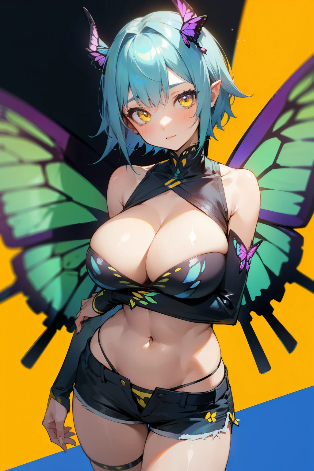 Girl, short blue hair, bright yellow eyes, butterfly wings, butterfly horns, big breasts, exposed stomach, shorts