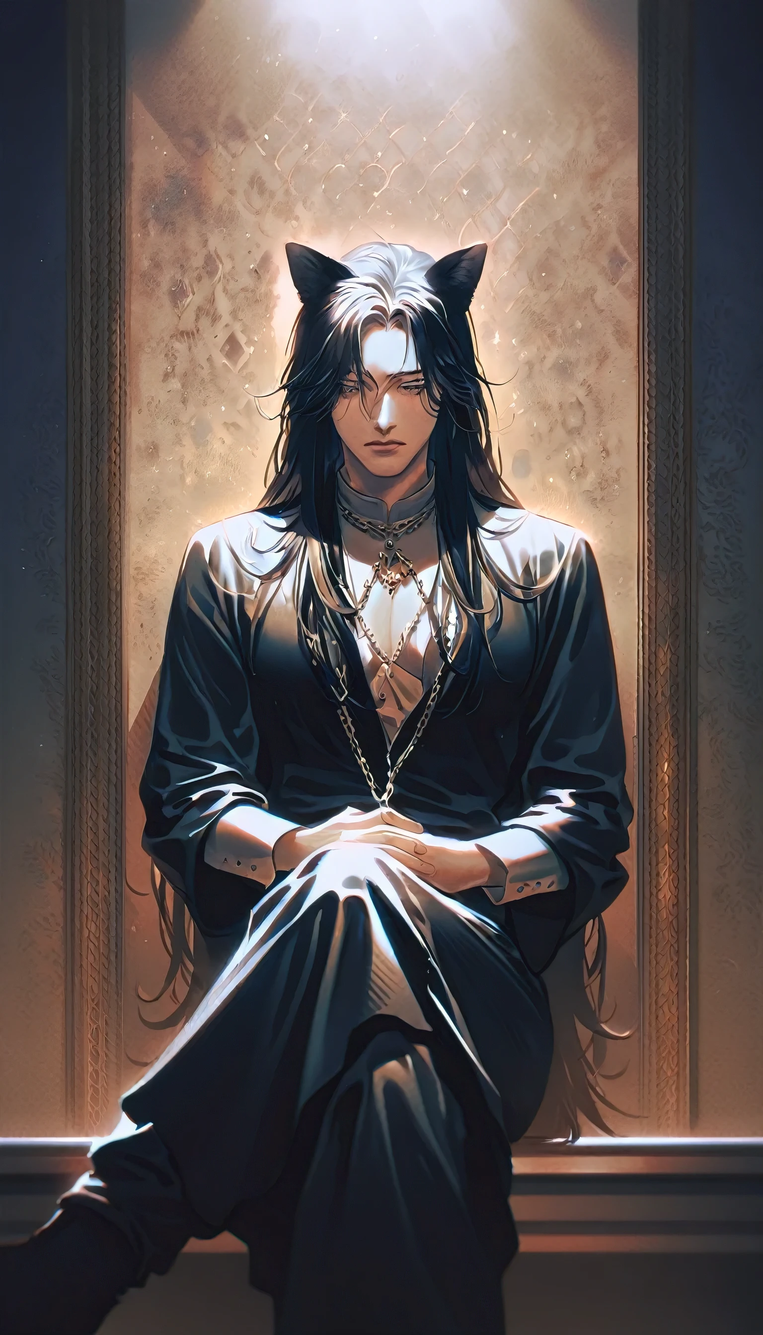  handsome man,alone,has dark bule cat ears,dark blue long hair, messy hair, beautiful and delicate white eyes,rosy cheeks,wear black clothes that show his breasts,he crossed his legs,sitting at a very high place, looks down, in the basement,Iron chains behind him, true-to-life textures,highly refined details,dramatic lighting,seamless blending of colors,vibrant hues,artistic composition,breathtaking realism,masterful craftsmanship,haunting handsome-v6