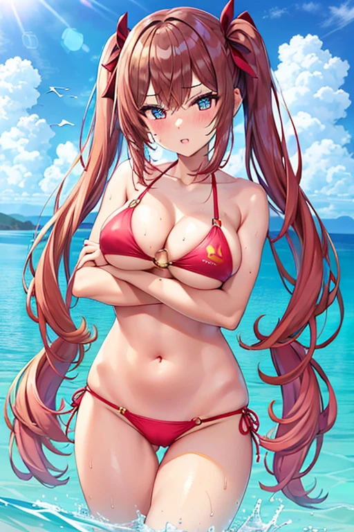 tooth,Best Quality, High resolution, Ultra-detailed,. feel, bikini, Swimwear, old, bikini, Long Hair, only, old medianos, brown hair neckline, バイオレットbikini, belly button, O-ring, Pink Hair, 目のO-ringの背景, Crossed arms, blush, I can see your butt from your thighs, Dutch Angle, Looking at the viewers, Embrace your chest, Twin tails, O-ring top, Tag, , Thigh Gap, O-ring bikini, Outdoor, Blue Eyes Pussy Focus, Wet pussy, Wet Panties, Wet red eyes