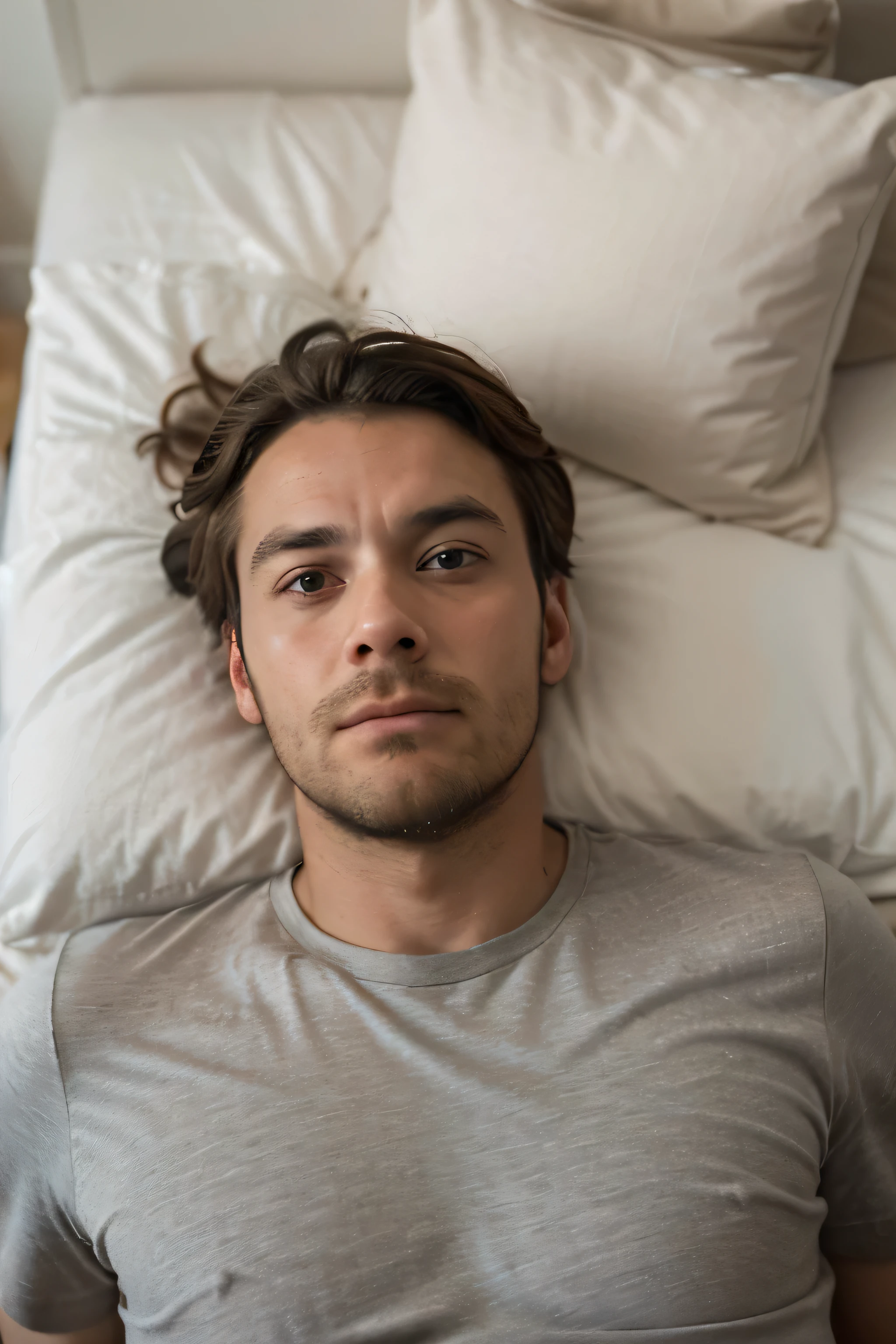 An adult man with a beard is lying in bed, seen from above focusing more on the expressions on his face. It's night and he hasn't slept yet, he looks worried and suffering from insomnia and the man is wide-eyed and desperate. the photo is focused on the man's face and it really is night. the man's room is dark. there are no lamps, the man is wearing a shirt