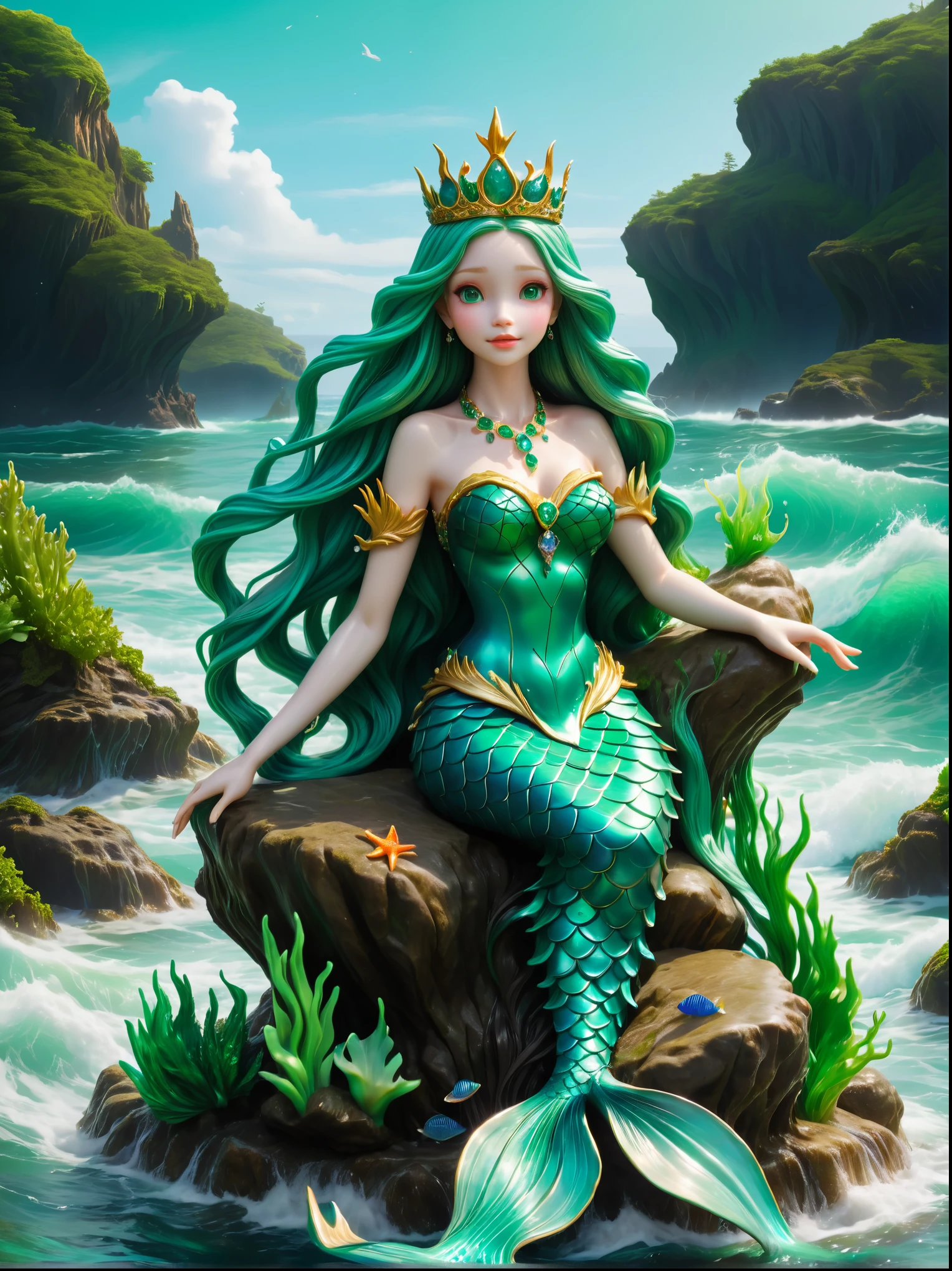 A masterpiece of ultra-fine detail, Dynamic, excellent quality, Clay Sculpting Mermaid Princess, Human figure upper body, Fishtail, Long flowing green hair，Wearing a jeweled crown，Sitting on a rock in the middle of the ocean，Attractive appearance, aquatic beauty, Aquatic Hues, Singing voice and charming melody, Lure sailors to their doom ,     