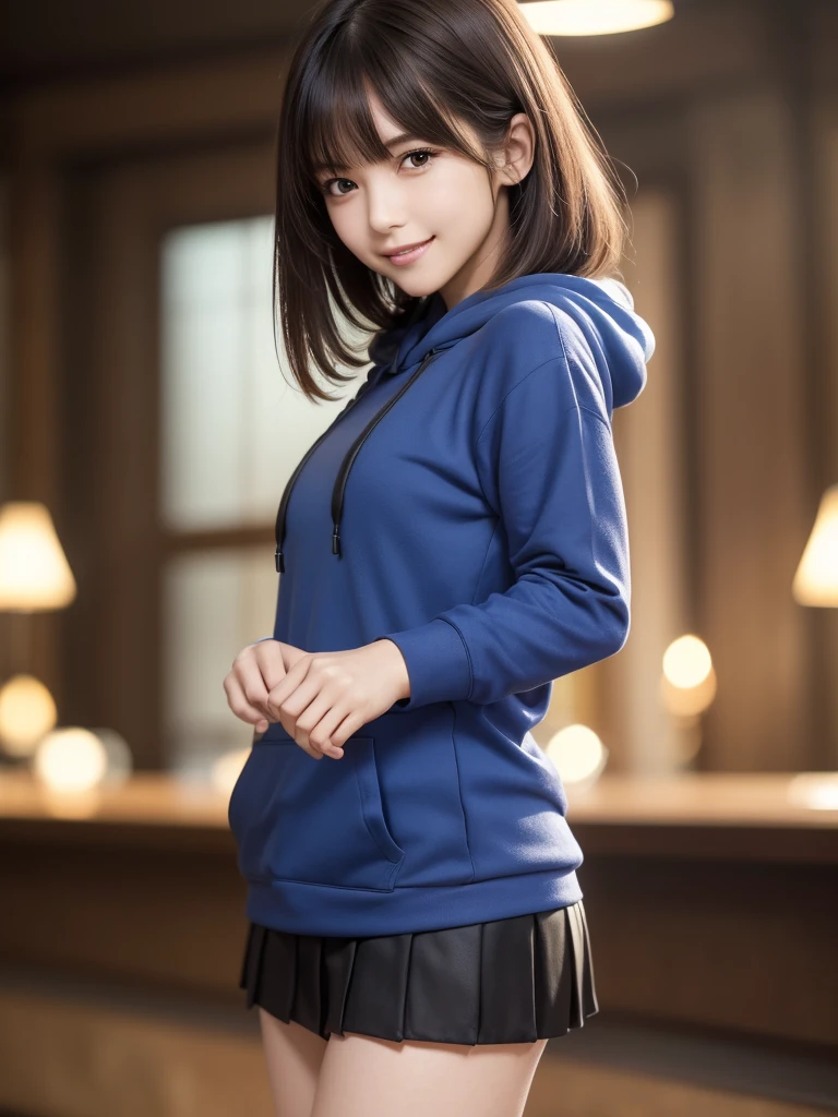 (8k, RAW Photos, highest quality, Tabletop:1.2), (Realistic, Photorealistic:1.4), (Highly detailed 8k wallpaper), Sharp focus, Depth of written boundary, Blur the background, Bokeh, Cinema Lighting, Soft Light, whole body, 1 girl,18 years old famous Japanese idol, Perfect female body, indoor, (Blue hoodie and black micro mini pleated skirt : 1.3), (Long, slender legs), (smile), Glossy lips, Beautiful fine details,Natural Makeup, Shiny and smooth light brown long bob hair, Asymmetrical bangs, Shiny skin, Center image, High resolution, Attention to detail, Detailed hairstyle, Detailed face, 素晴らしいCinema Lighting, Octane Rendering, Vibrant, Ultra-realistic, Perfect limbs, Perfect Anatomy
